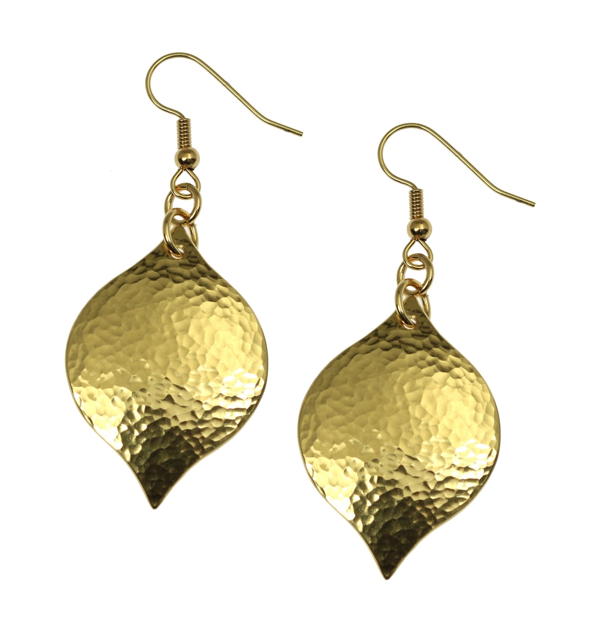 A Pair of Hammered Nu Gold Marrakesh Drop Earrings on a White Background