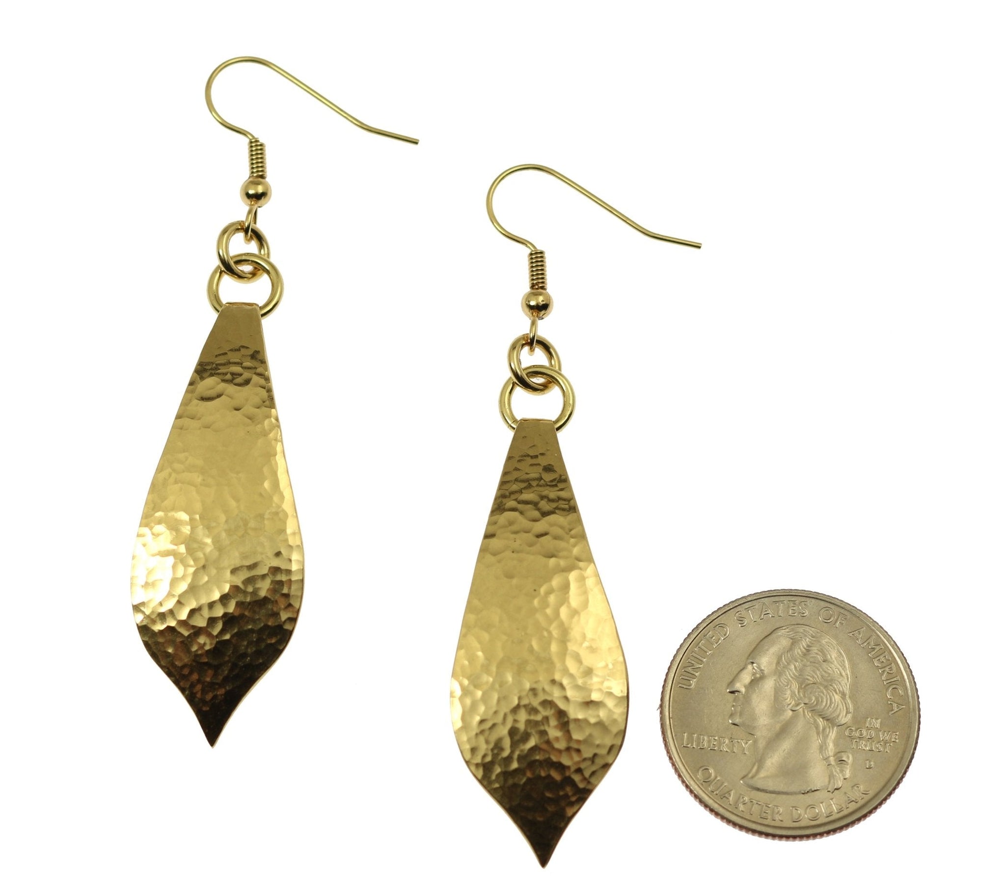 Size of Hammered Nu Gold Marrakesh Teardrop Earrings compared to a US Quarter Coin