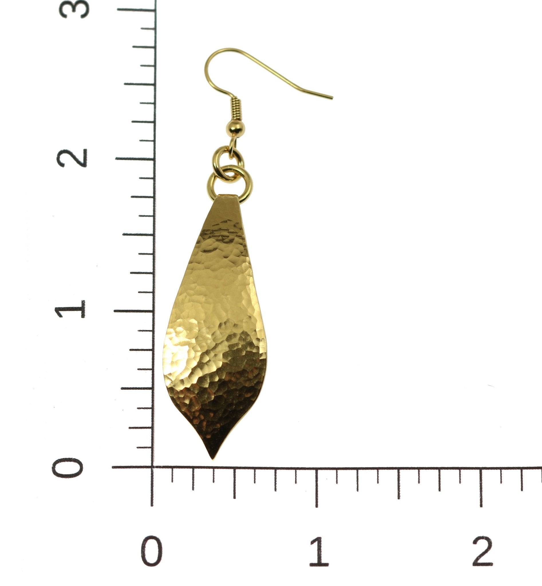 Scale of Hammered Nu Gold Marrakesh Teardrop Earrings on a Ruler for Size Dimensions