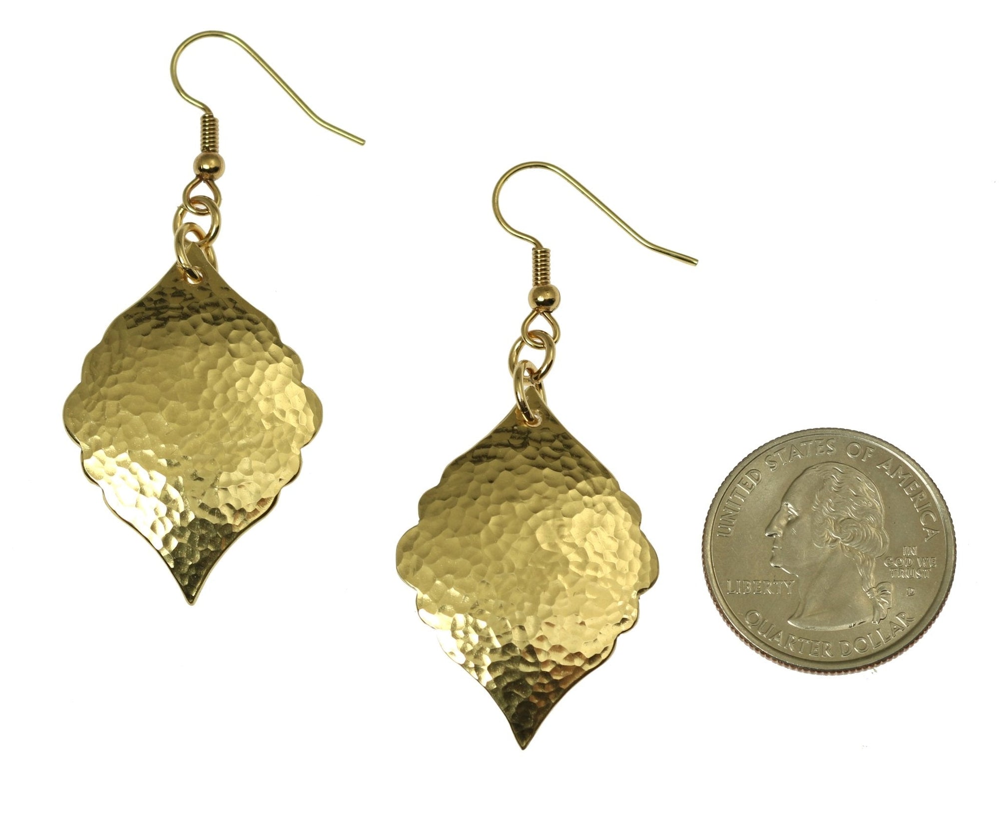 Size of Hammered Nu Gold Moroccan Drop Earrings compared to a US Quarter Coin