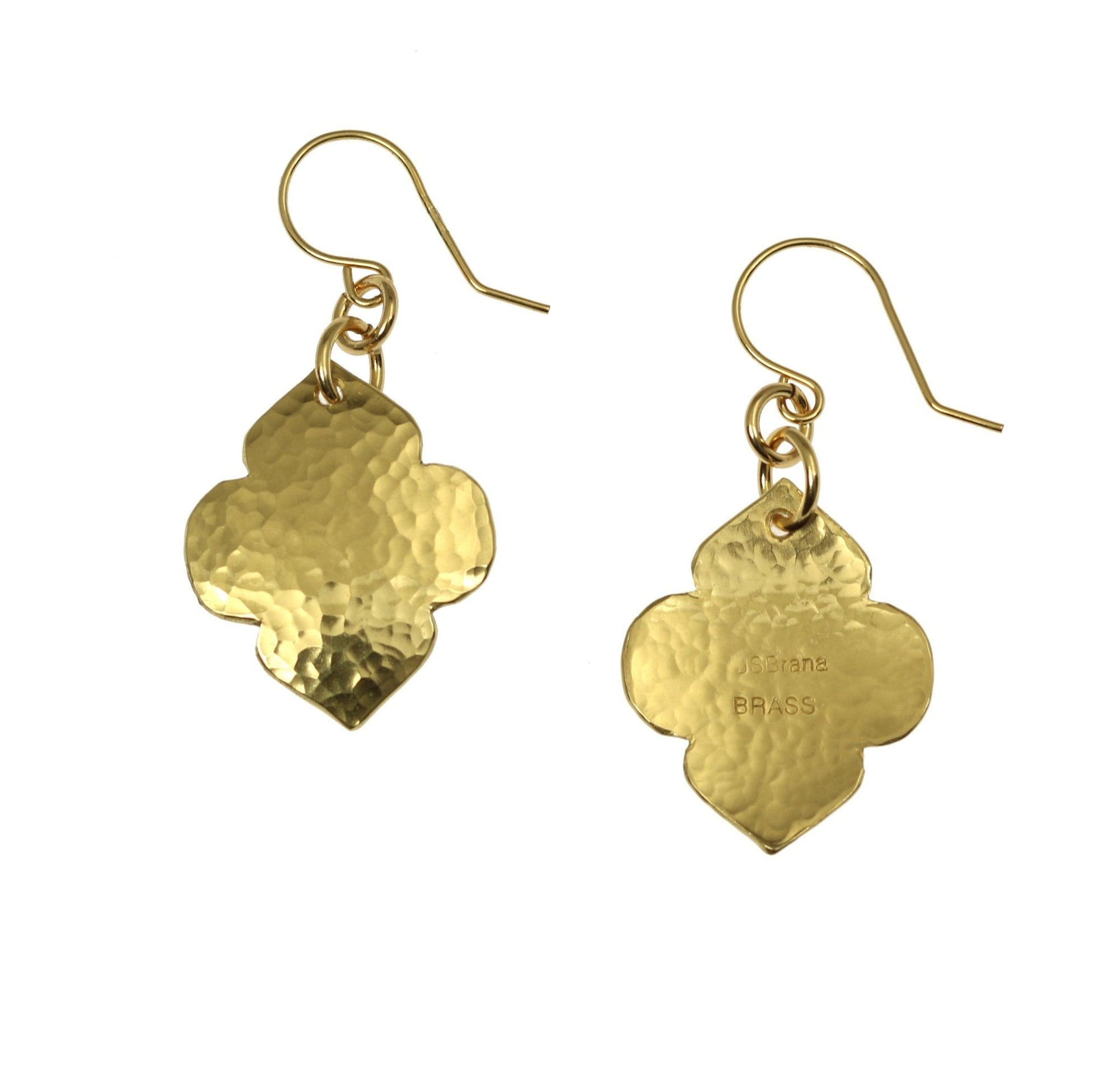 Front and Back Views of Hammered Nu Gold Quatrefoil Dangle Earrings