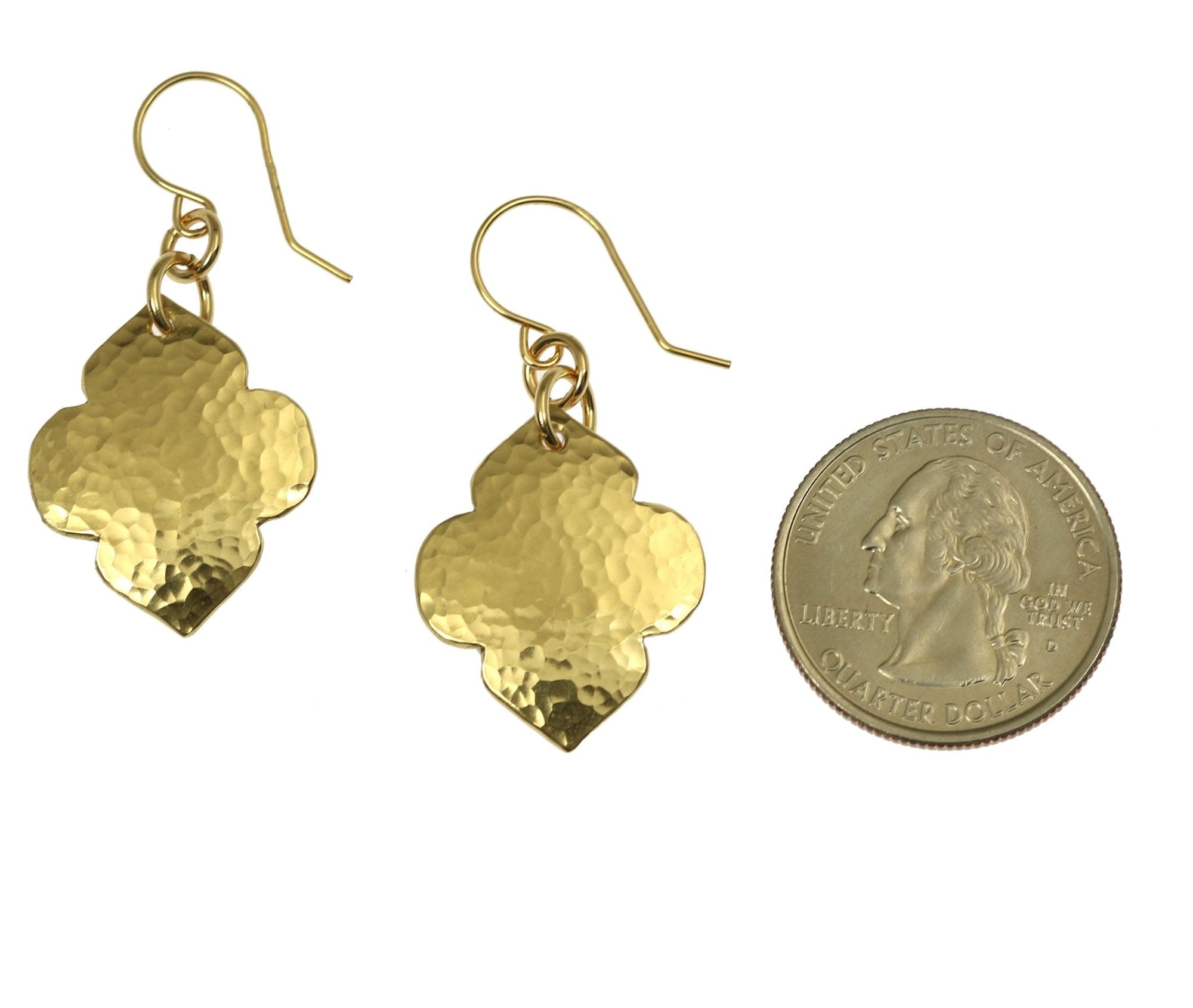 Size of Hammered Nu Gold Quatrefoil Dangle Earrings compared to a US Quarter Coin