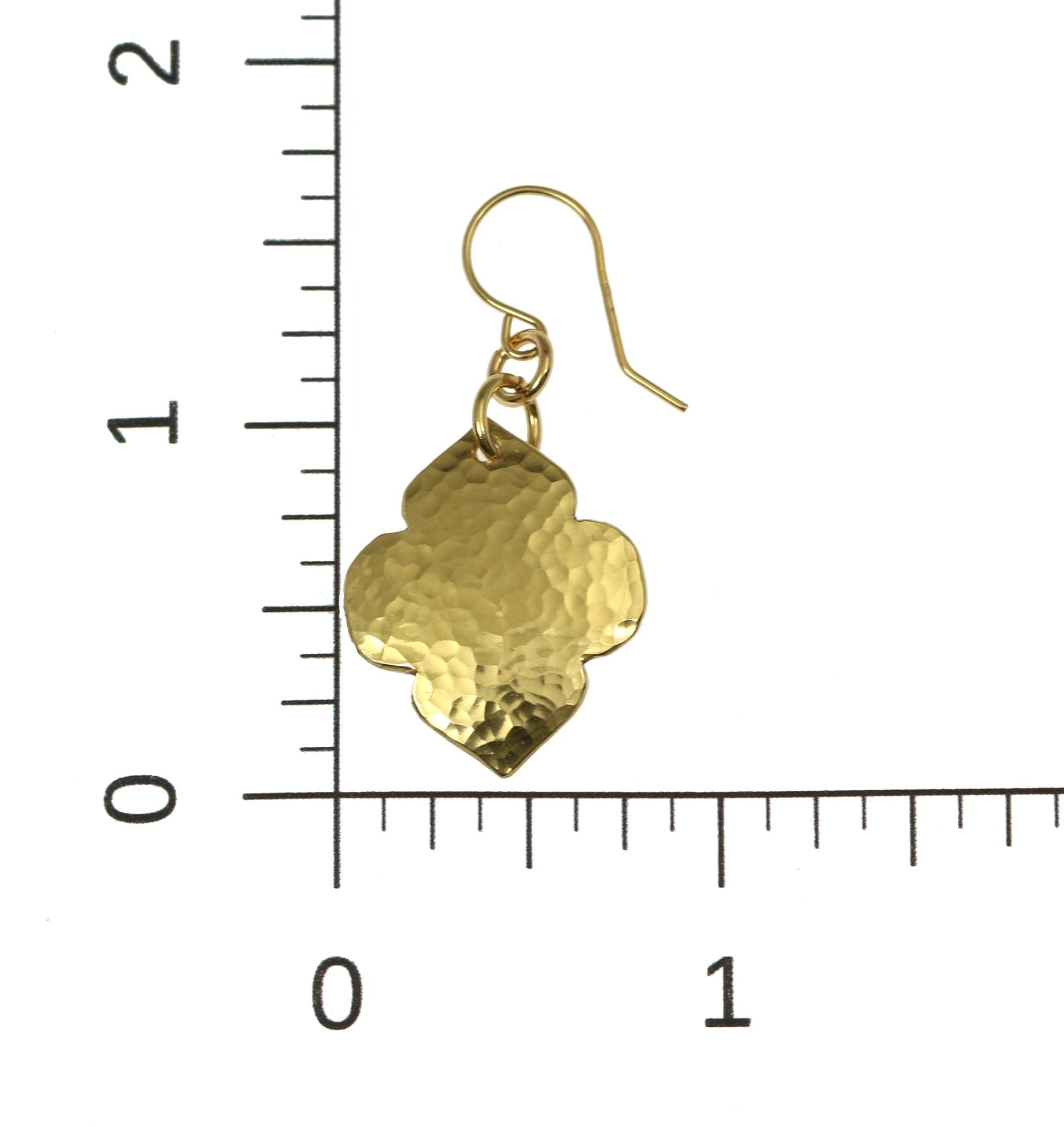 Scale of Hammered Nu Gold Quatrefoil Dangle Earrings on a Ruler for Size Dimensions