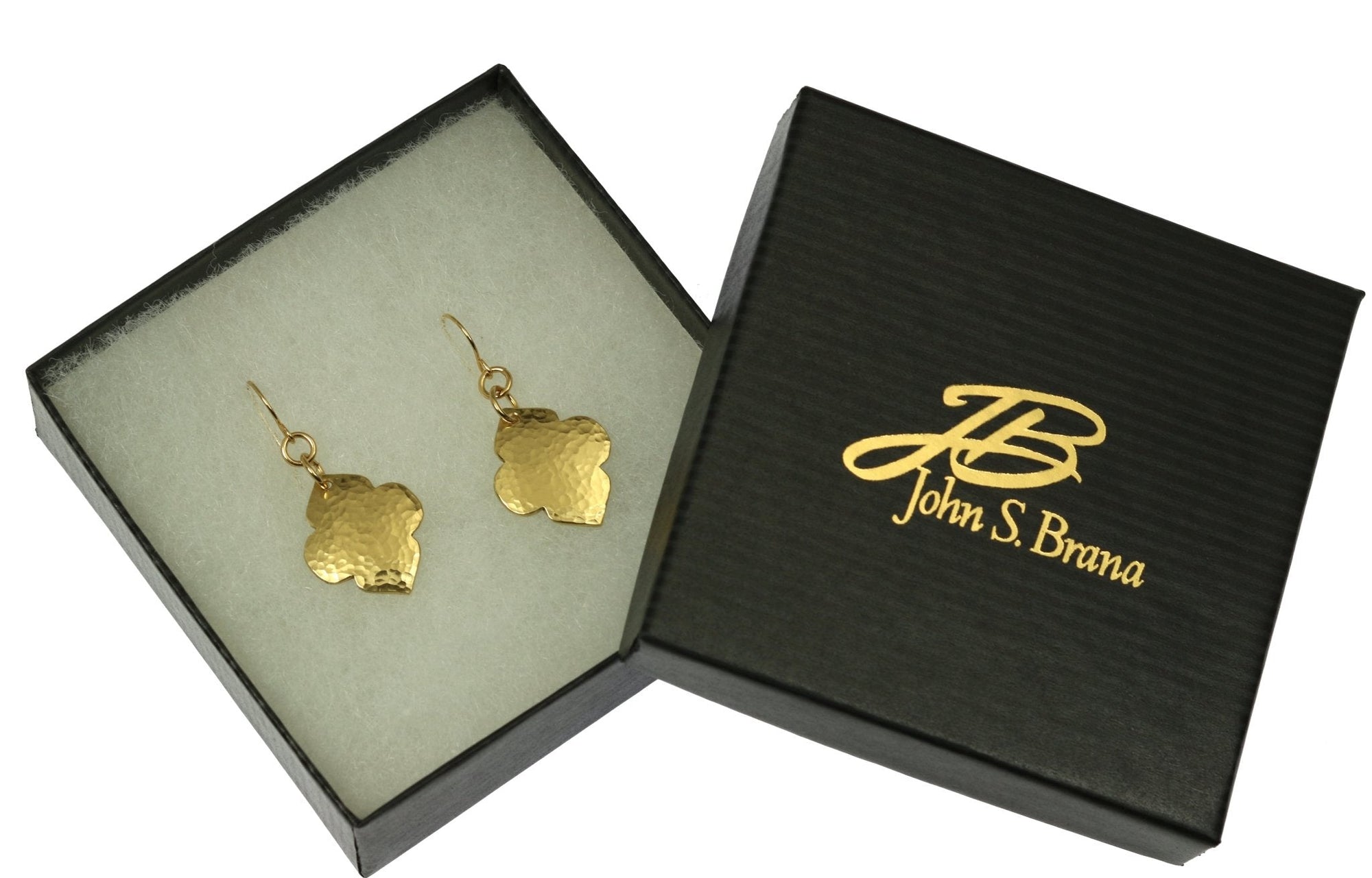 Gift Boxed Hammered Nu Gold Quatrefoil Dangle Earrings