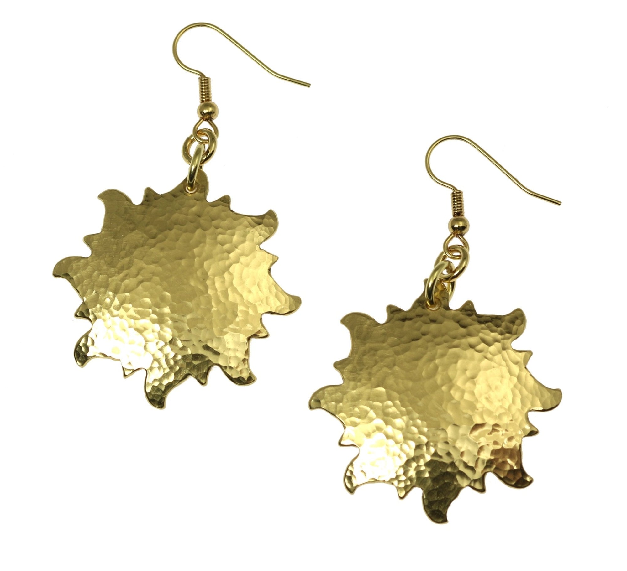 A Pair of Hammered Nu Gold Sunburst Earrings on a White Background