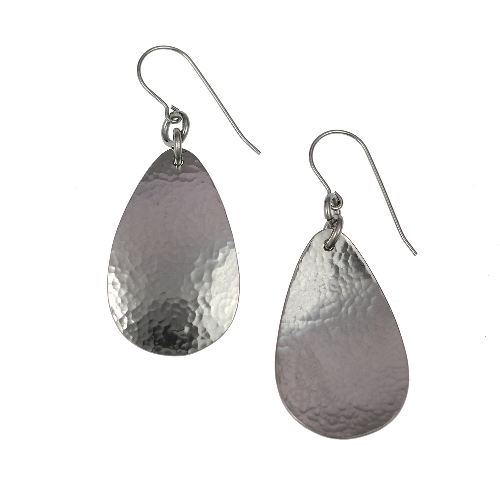 Front and Back Views of Hammered Stainless Steel Drop Earrings
