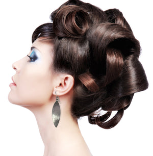 2 of 5: Female Wearing Hammered Stainless Steel Leaf Drop Earrings