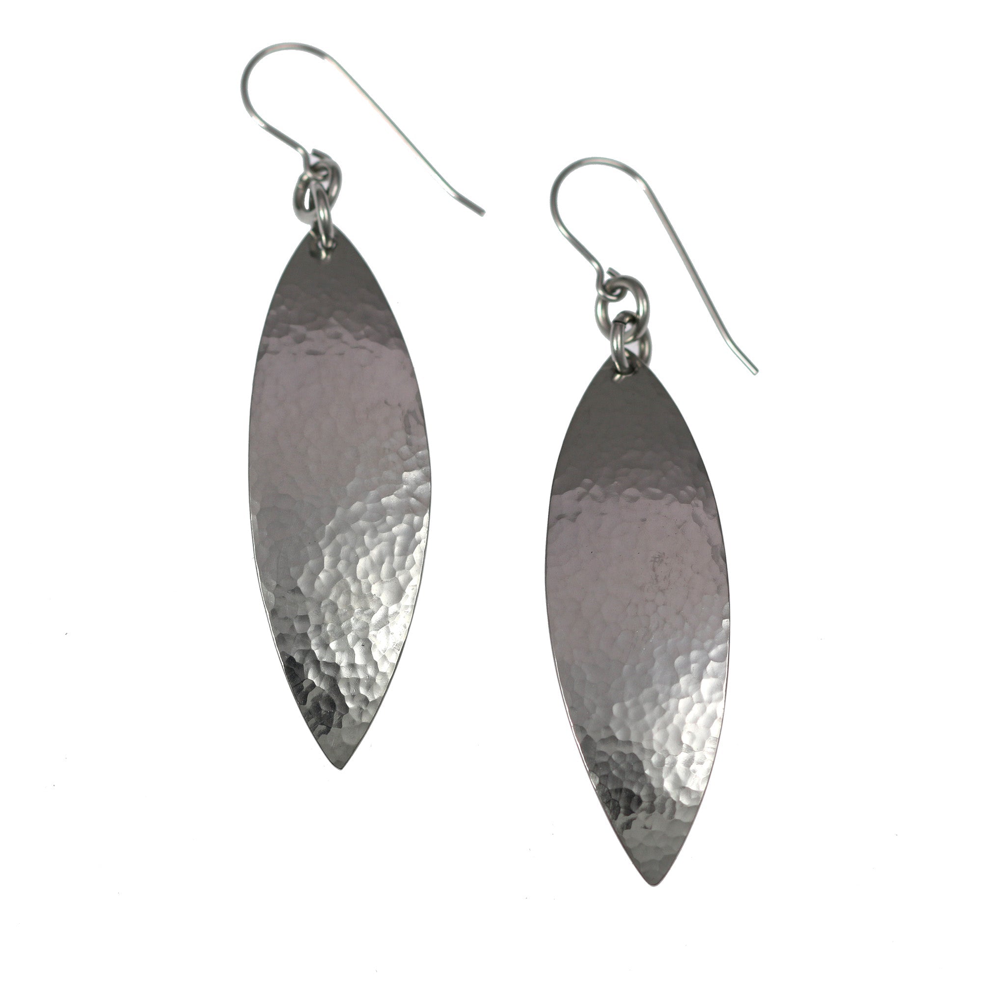 A Pair of Hammered Stainless Steel Leaf Drop Earrings on a White Background