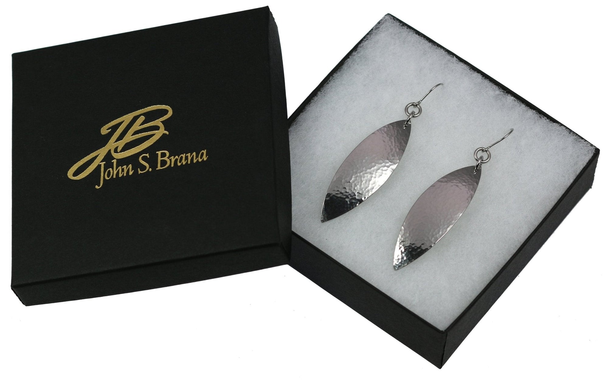 Gift Boxed Hammered Stainless Steel Leaf Drop Earrings