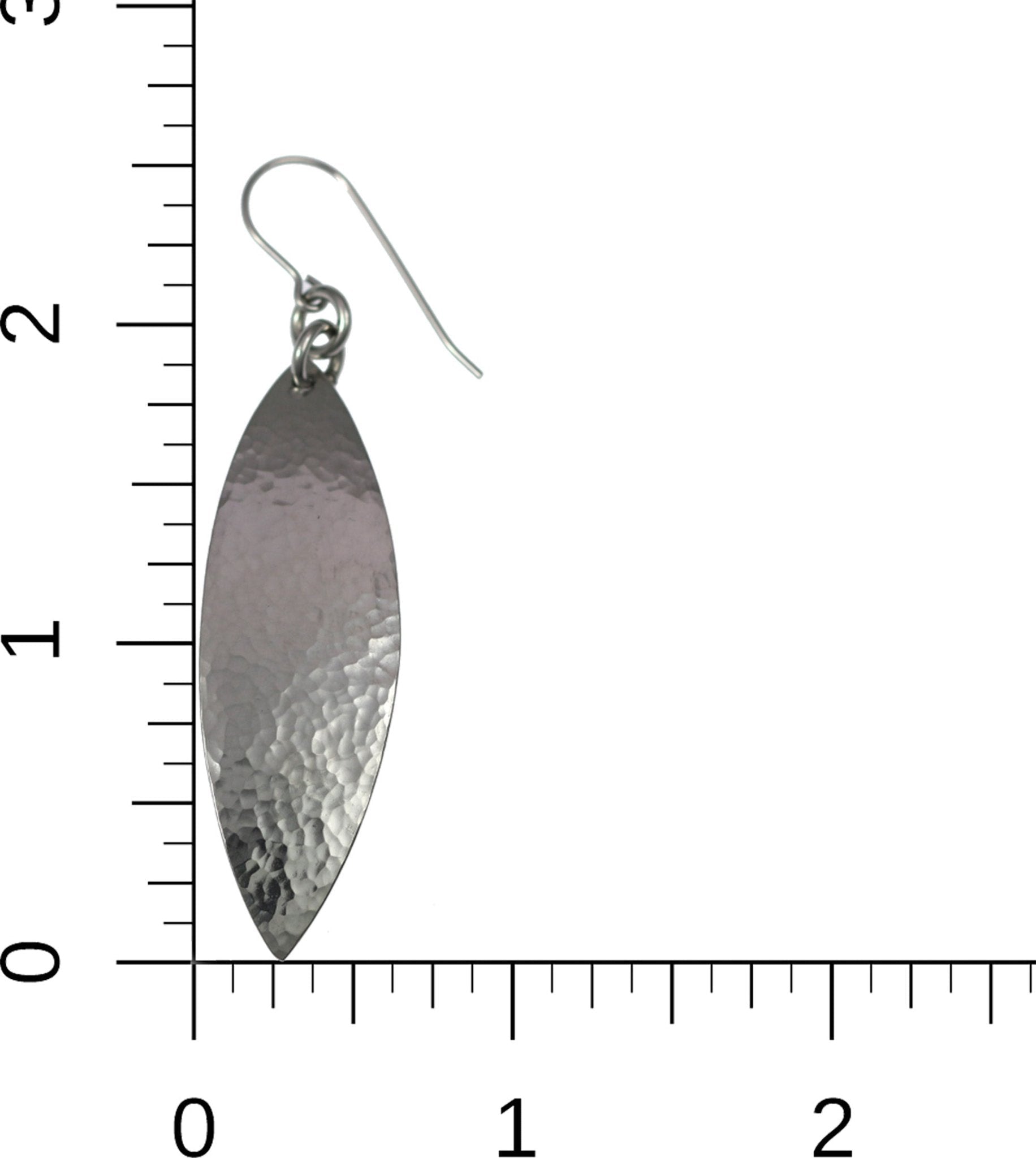 Scale of Hammered Stainless Steel Leaf Drop Earrings on Ruler for Size Dimensions