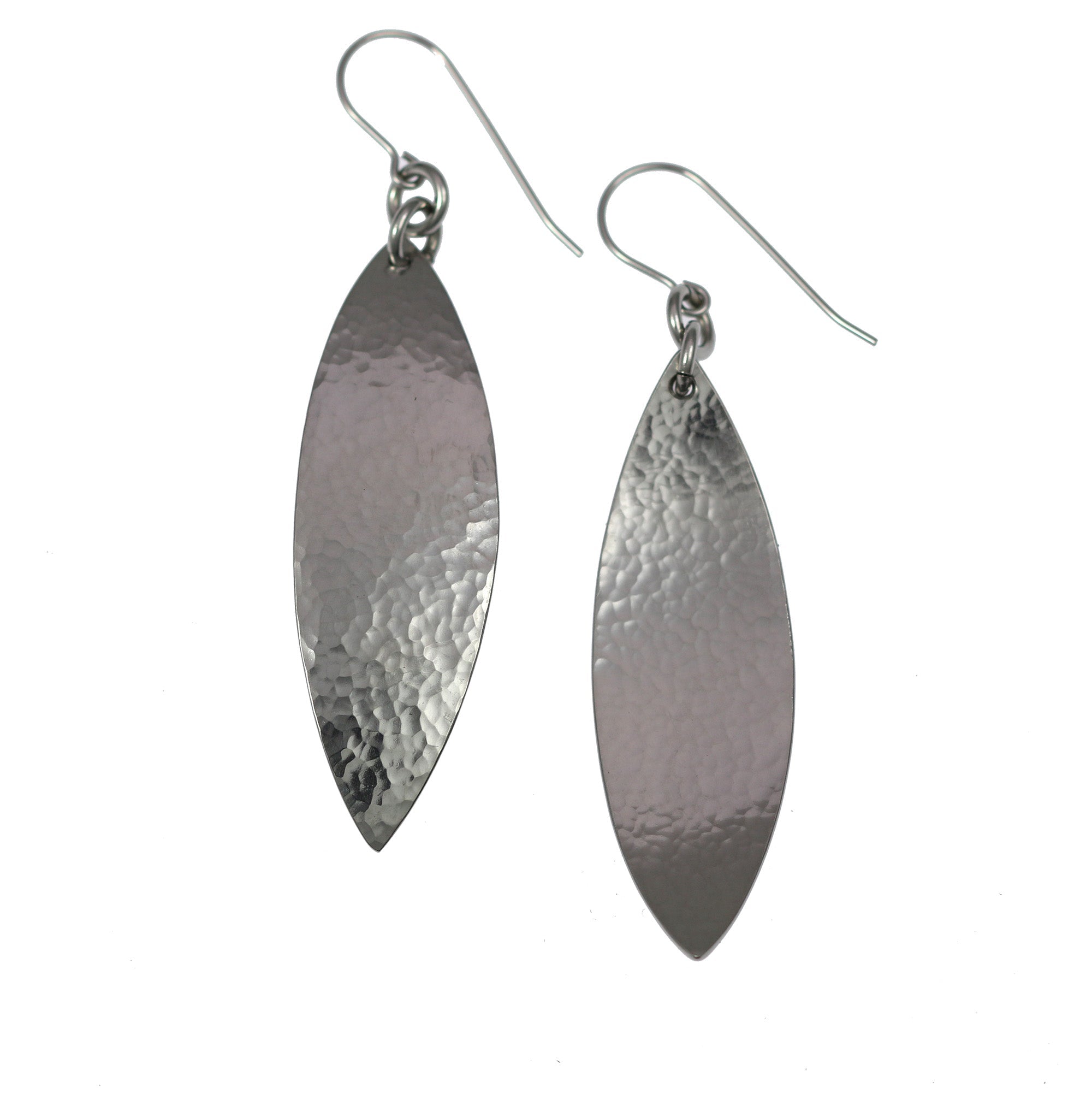 Front and Back Views of Hammered Stainless Steel Leaf Drop Earrings