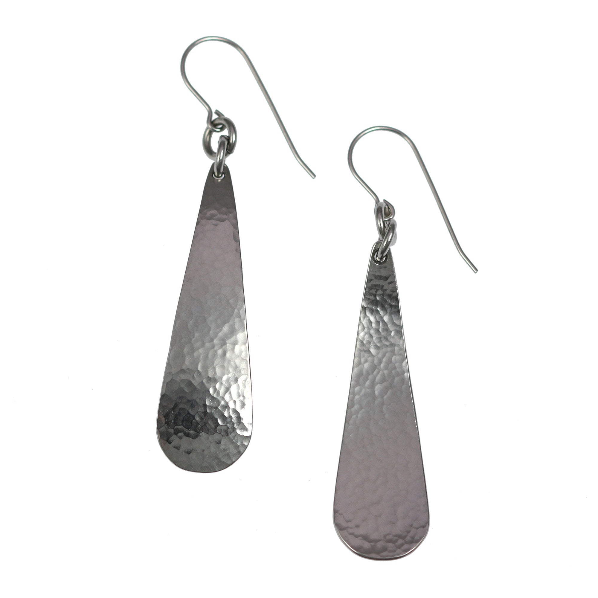 Front and Back Views of Hammered Stainless Steel Long Teardrop Earrings