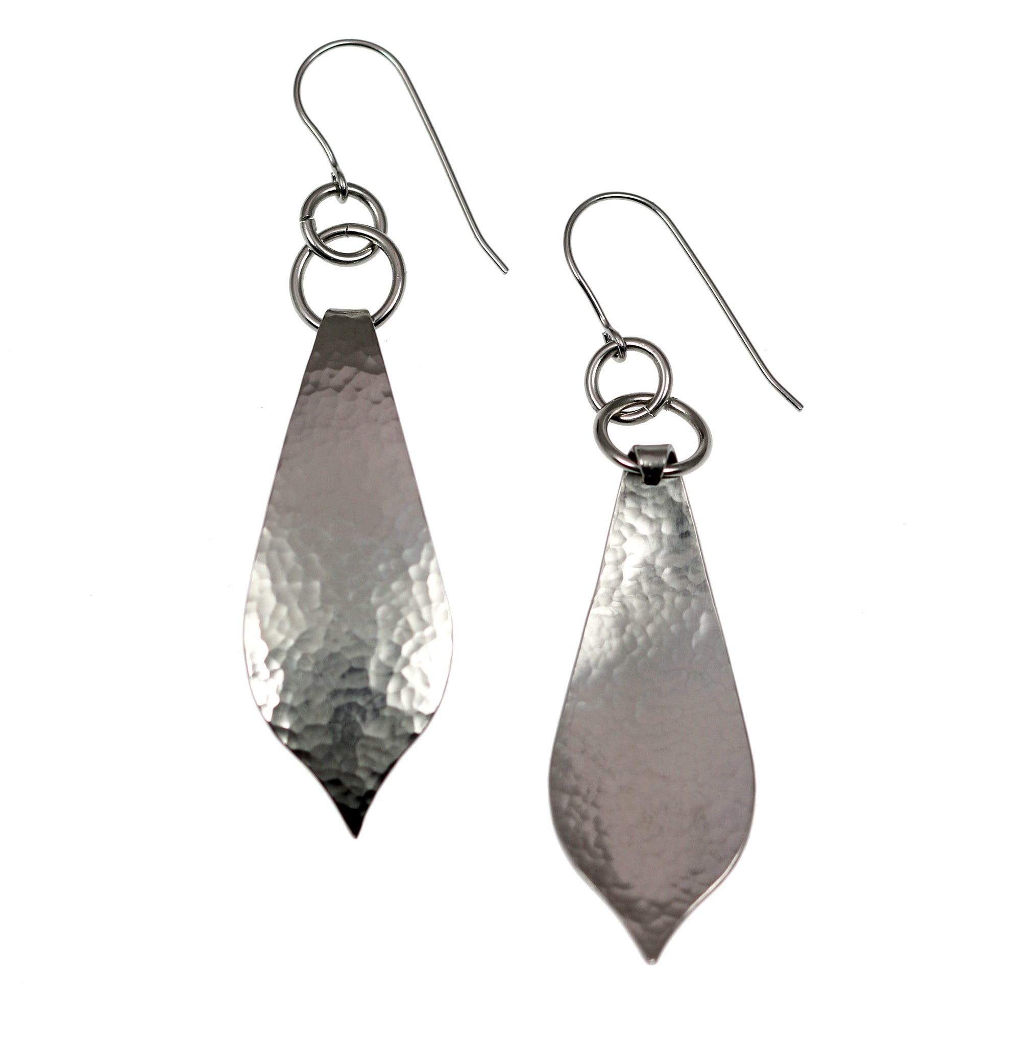 Front and Back Views of Hammered Stainless Steel Marrakesh Drop Earrings 
