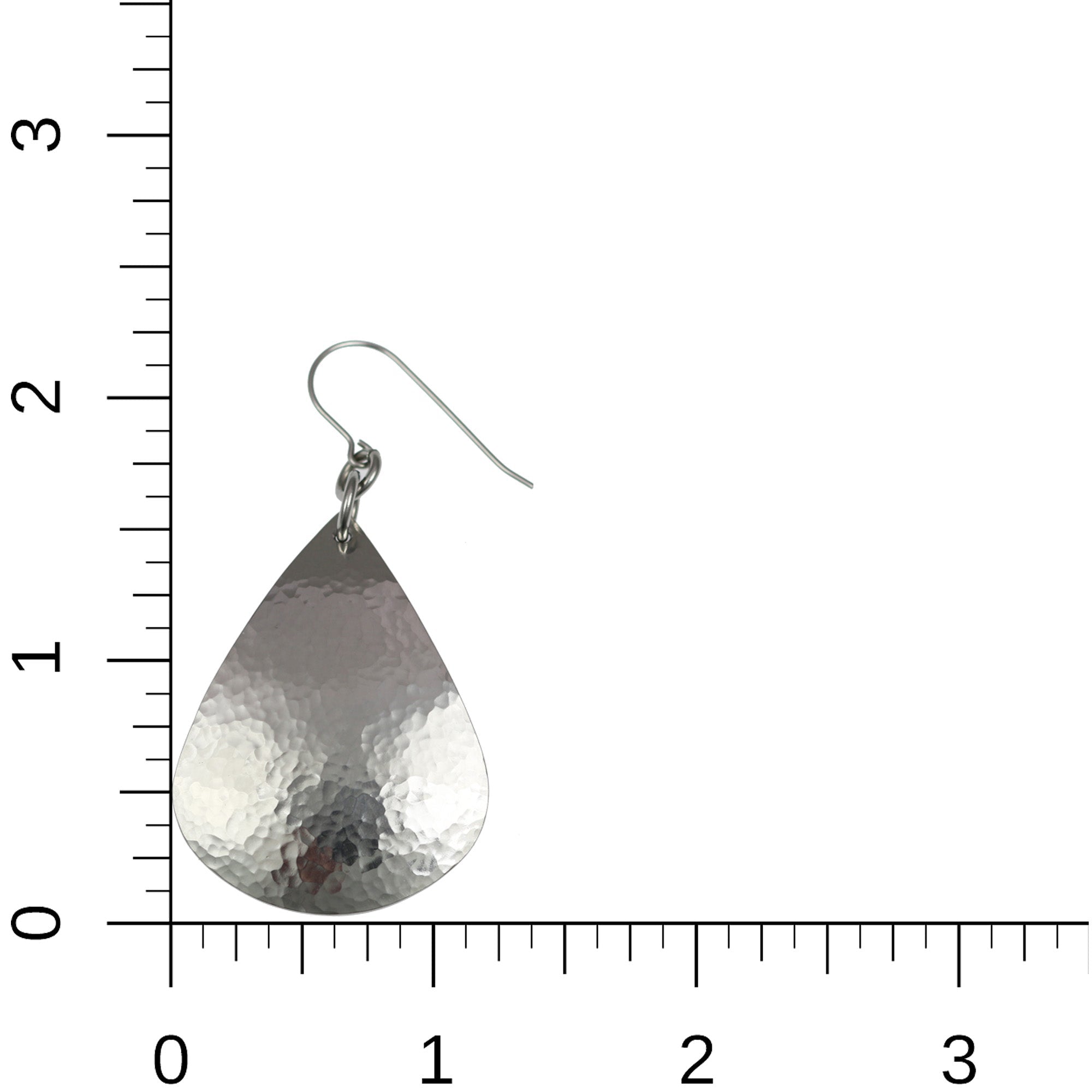 Scale of Hammered Stainless Steel Teardrop Earrings on a Ruler for Size Dimensions