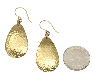 2 of 3: Size of Hammered Teardrop Nu Gold Brass Earrings compared to a US Quarter Coin