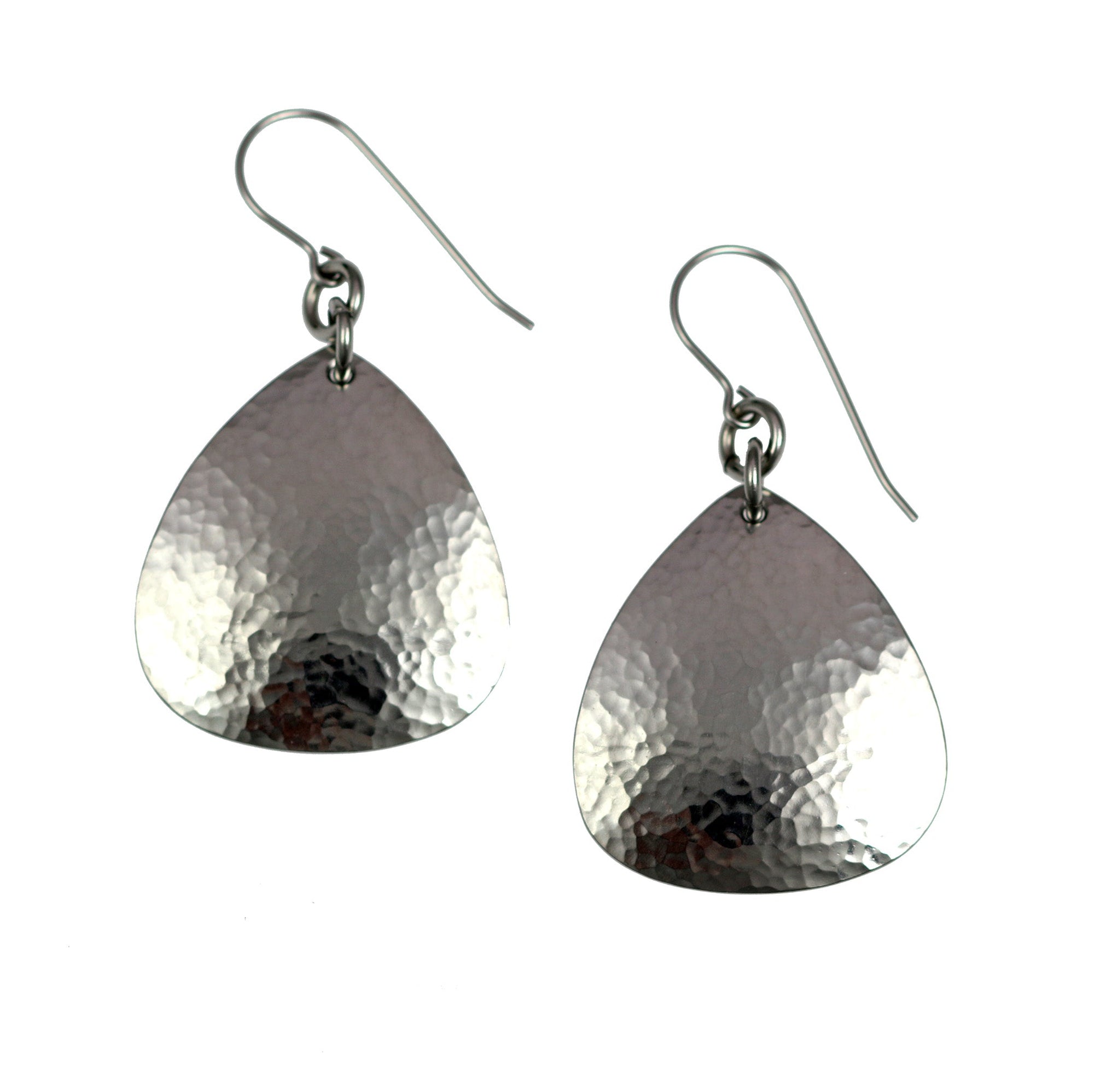 A Pair of Hammered Triangular Stainless Steel Drop Earrings on a White Background