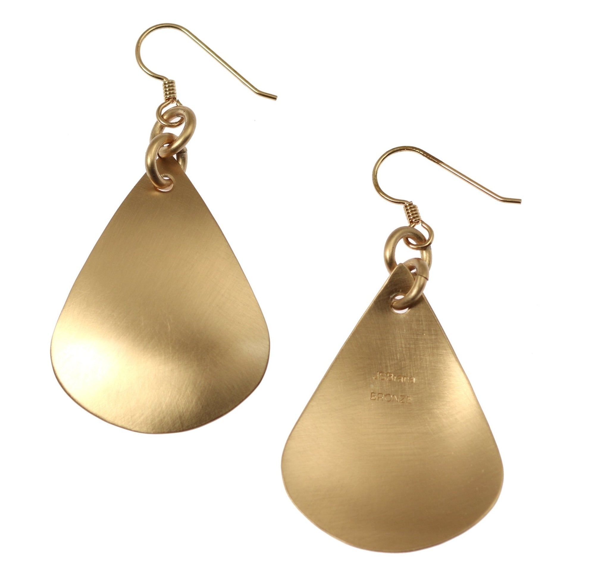 Front and Back Views of Large Brushed Bronze Teardrop Earrings