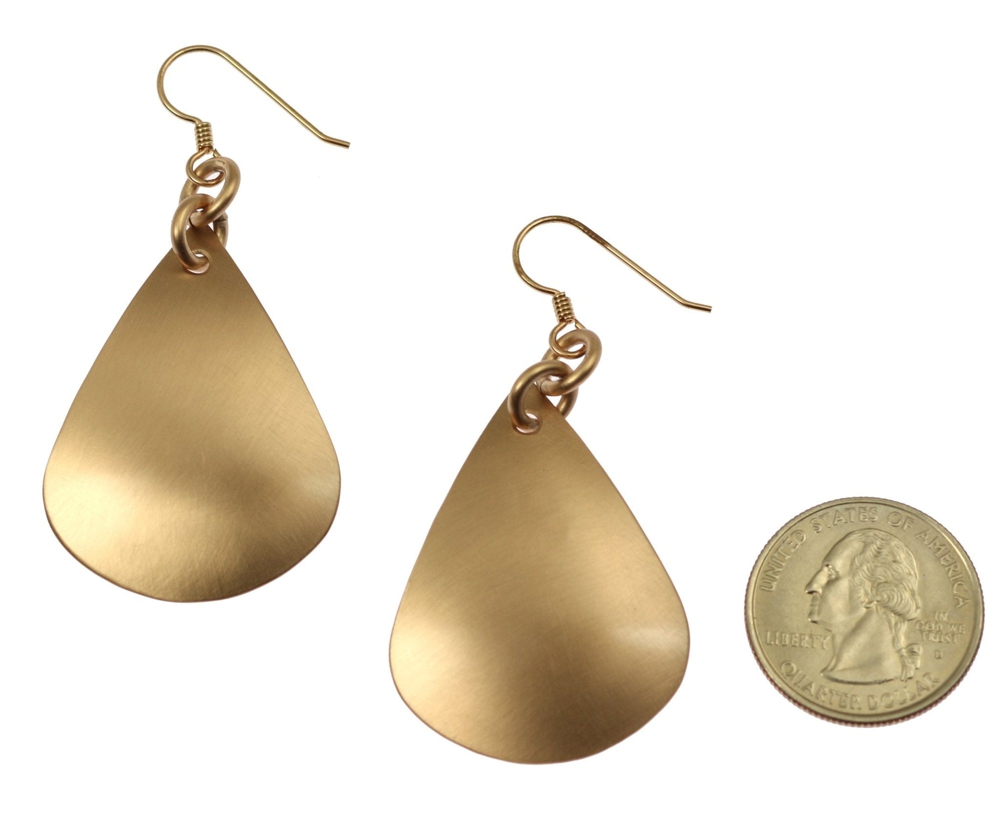 Size of Large Brushed Bronze Teardrop Earrings compared to a US Quarter Coin