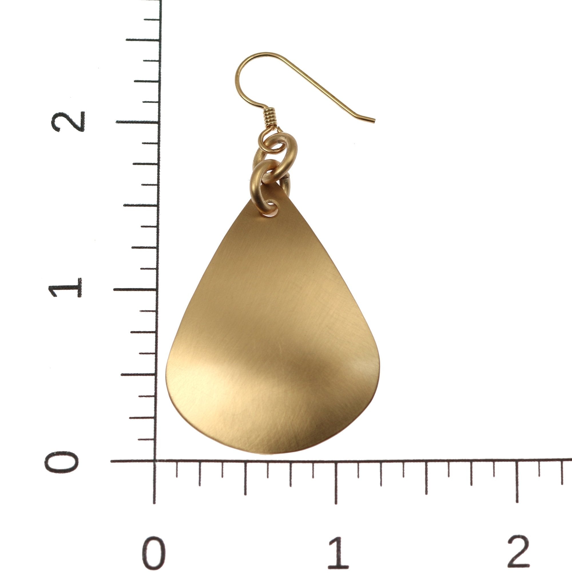Scale of Large Brushed Bronze Teardrop Earrings on Ruler for Size Dimensions