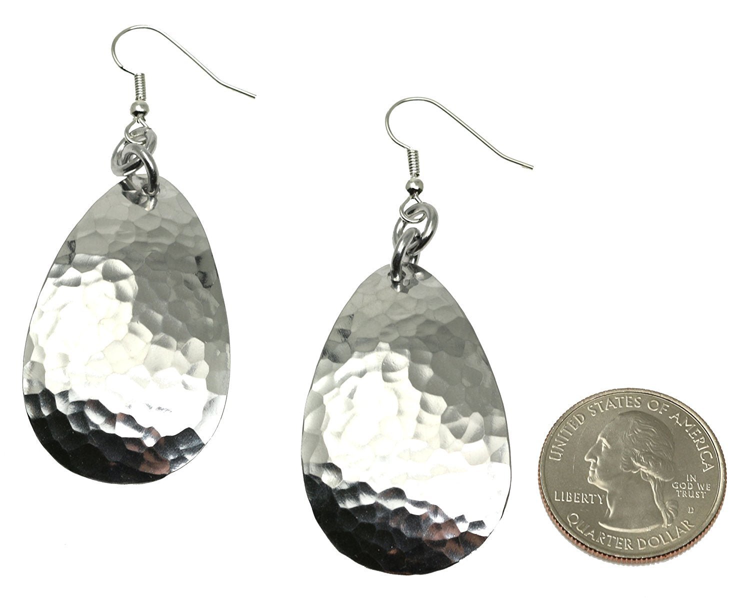Size of Large Hammered Aluminum Teardrop Earrings compared to a US Quarter Coin