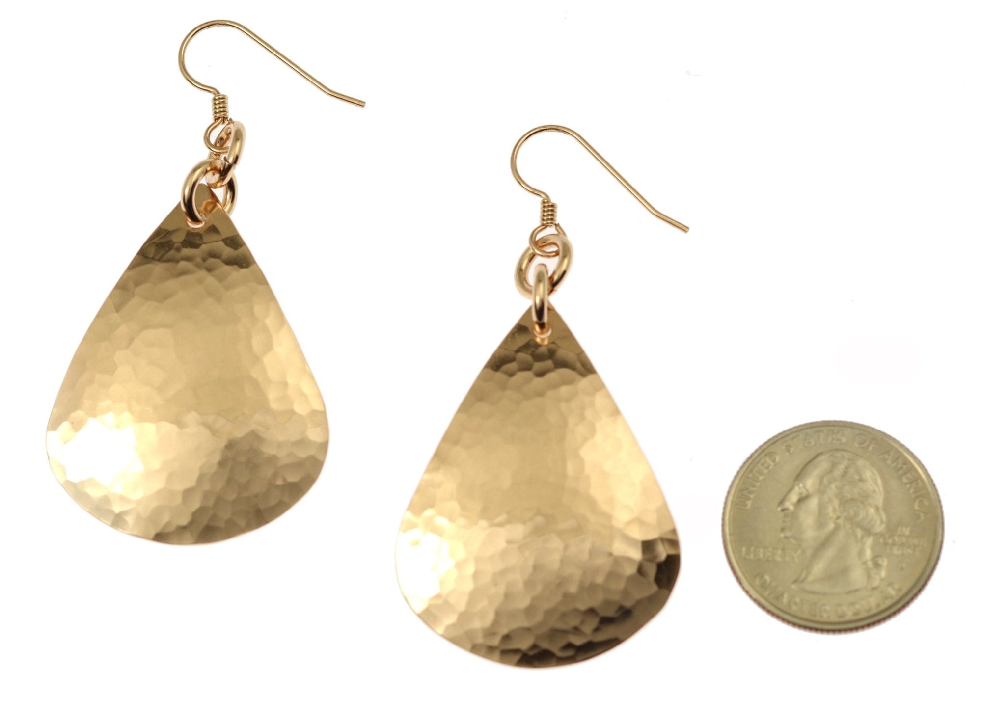 Size of Large Hammered Bronze Teardrop Earrings compared to a US Quarter Coin