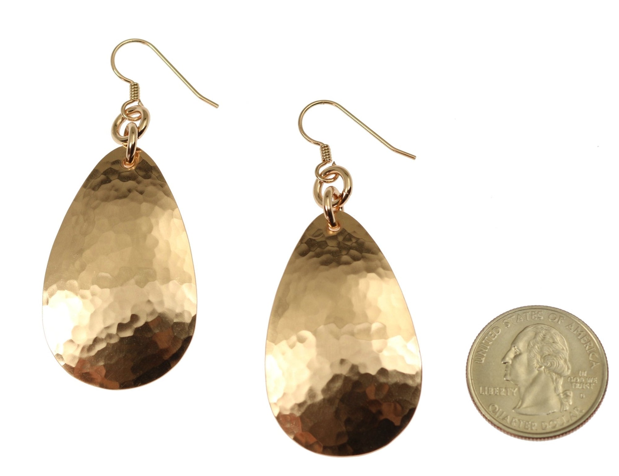Size of Large Hammered Bronze Teardrop Earrings compared to a US Quarter Coin