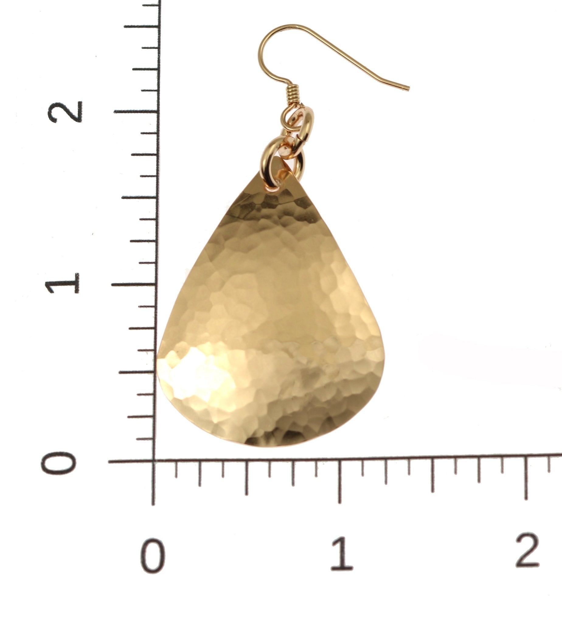 Scale of Large Hammered Bronze Teardrop Earrings on a Ruler for Size Dimensions