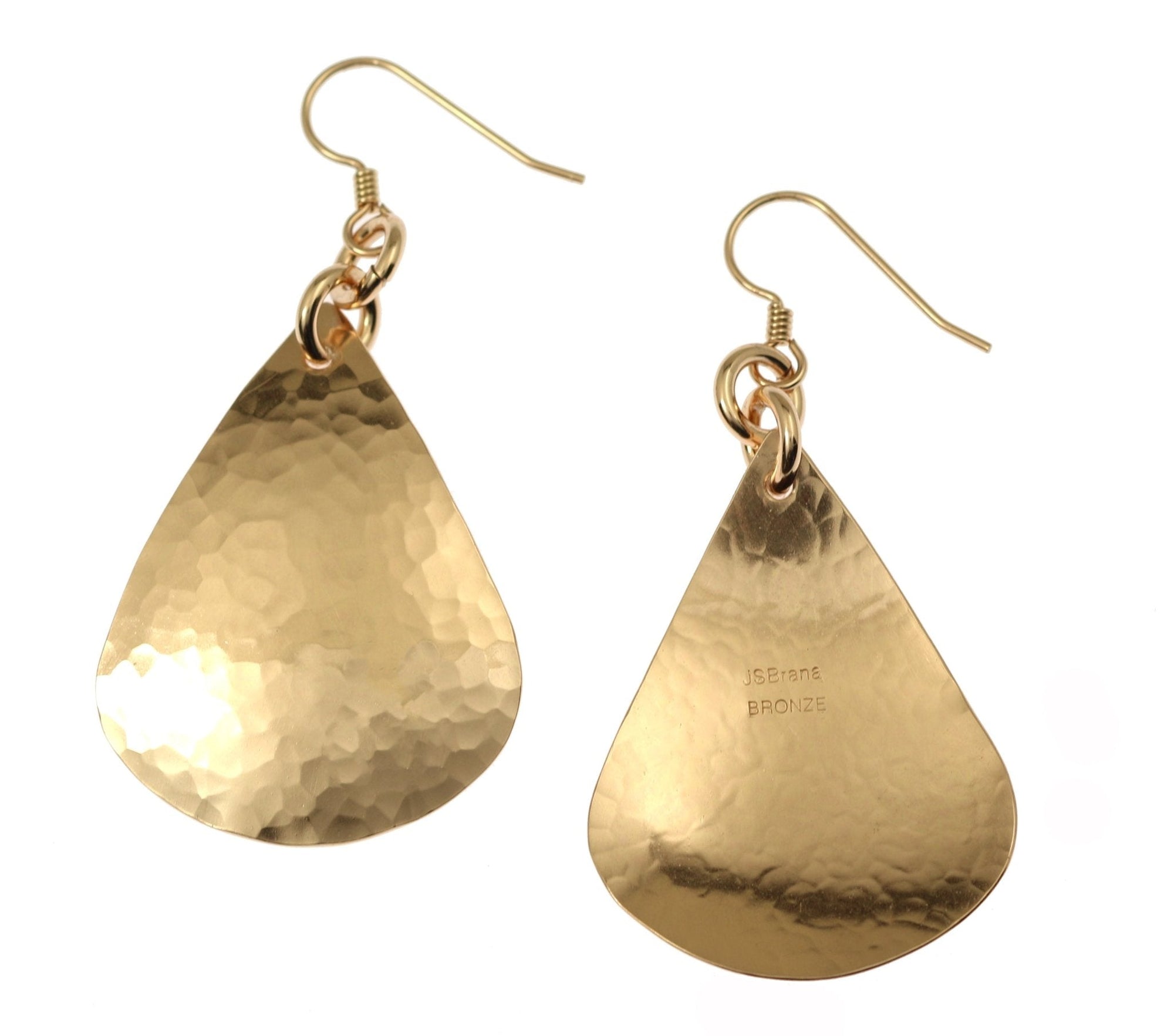 Front and Back Views of Large Hammered Bronze Teardrop Earrings