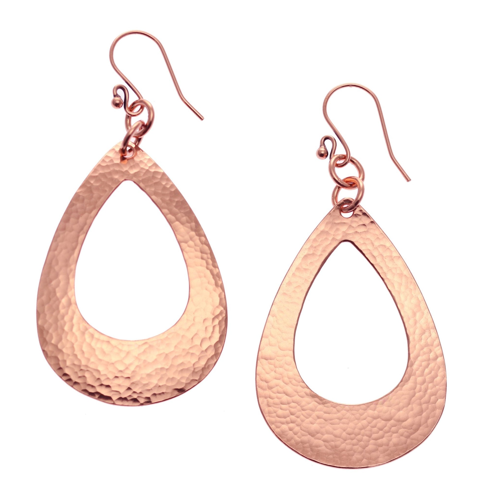 Detail View of Large Hammered Copper Open Teardrop Earrings