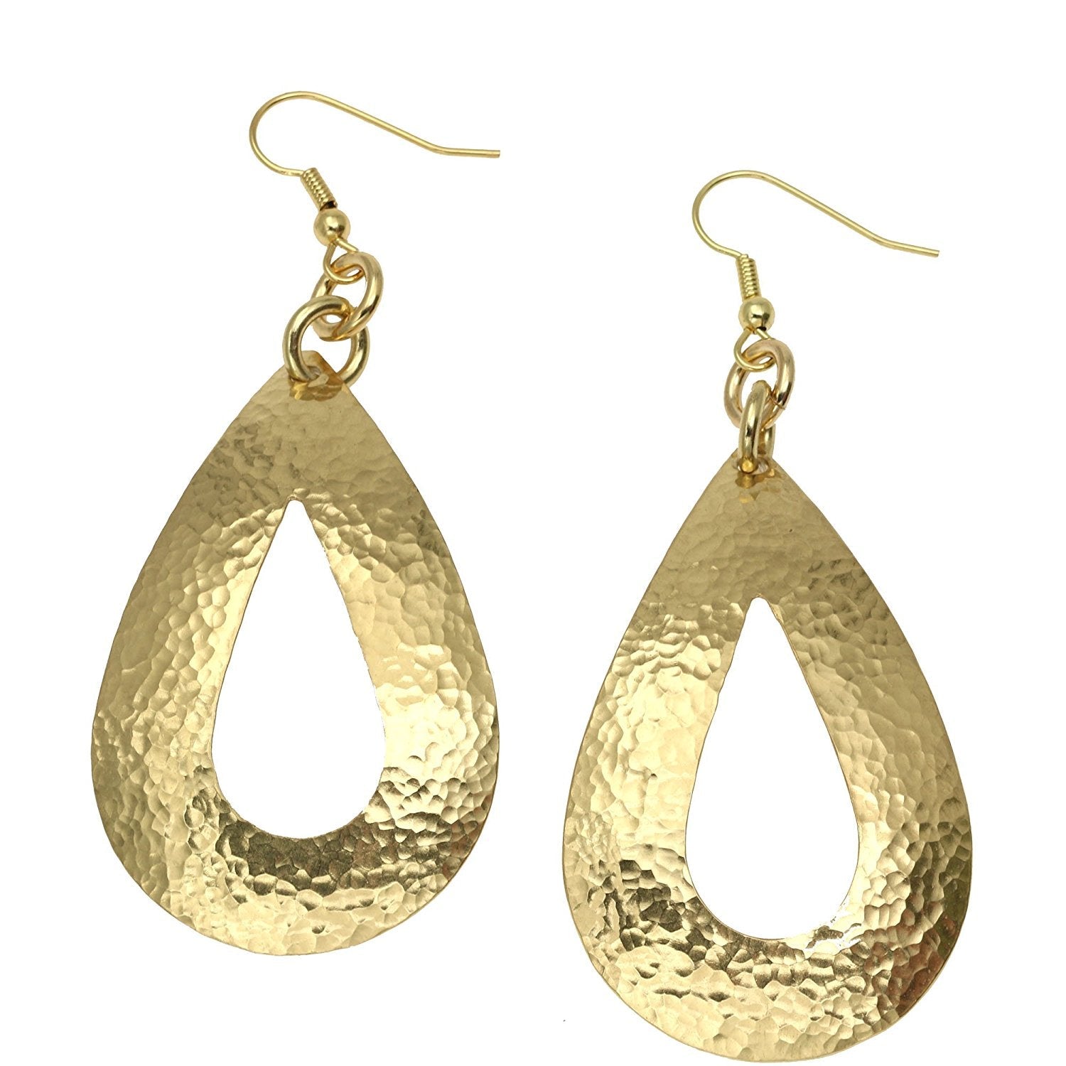 A Pair of Large Hammered Open Teardrop Nu Gold Brass Earrings on a White Background