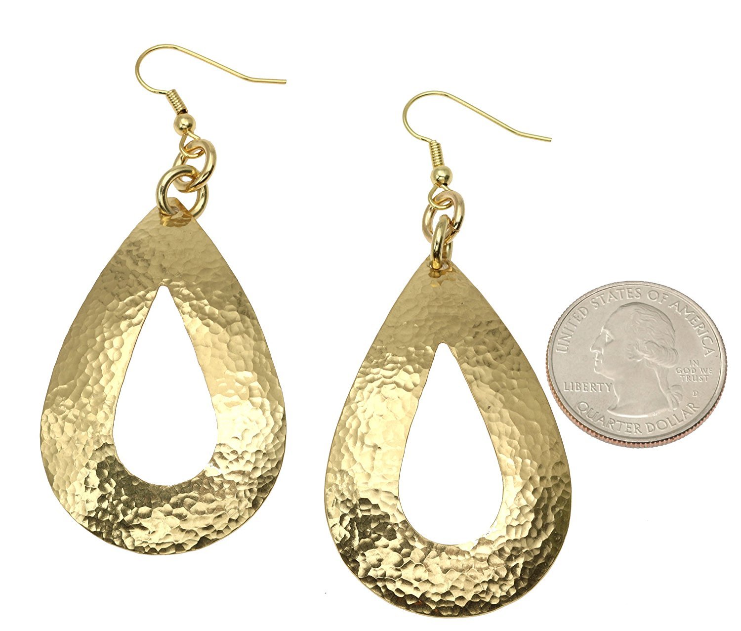 Size of Large Hammered Open Teardrop Nu Gold Brass Earrings compared to a US Quarter Coin
