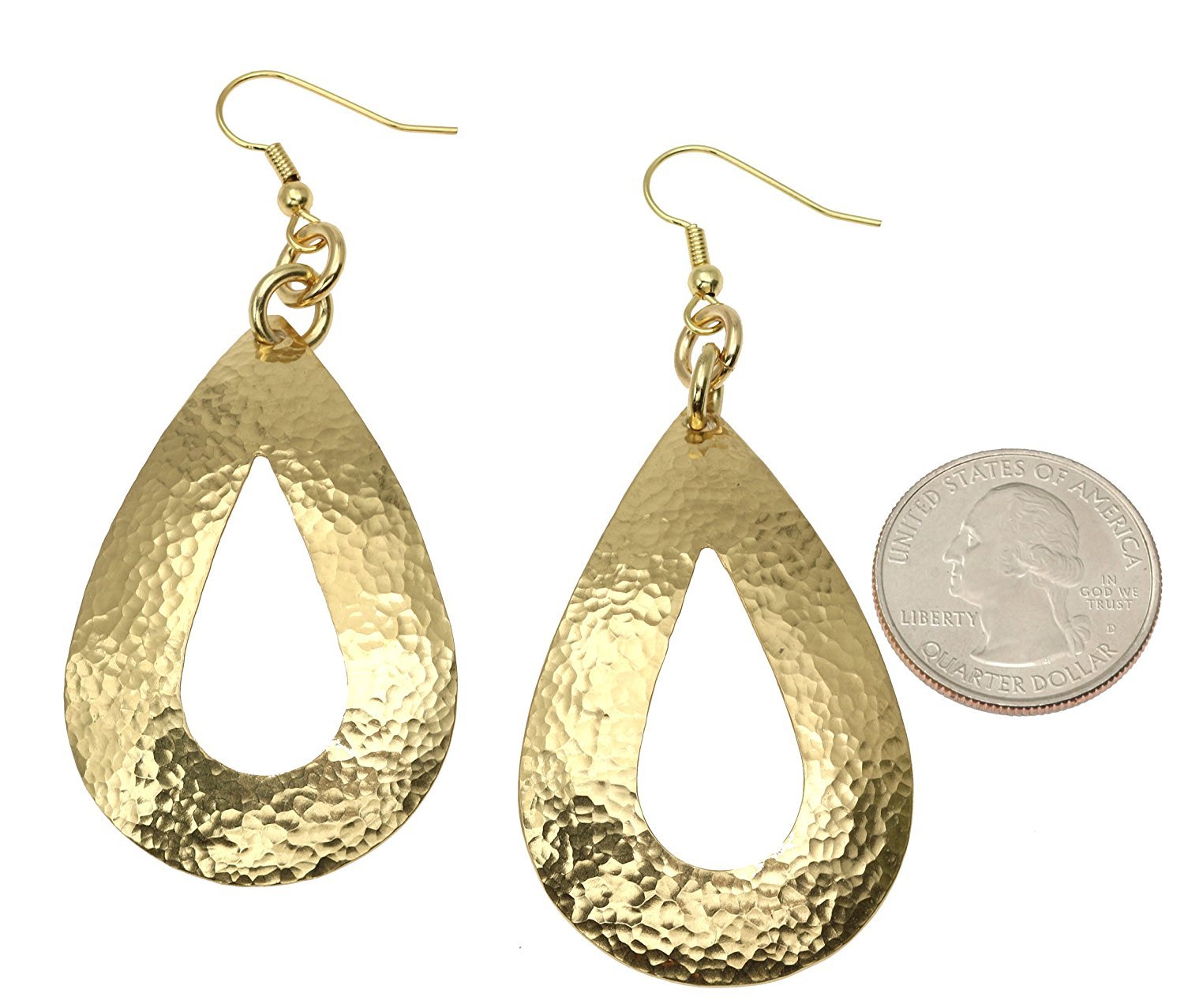 Size of Large Hammered Open Teardrop Nu Gold Brass Earrings