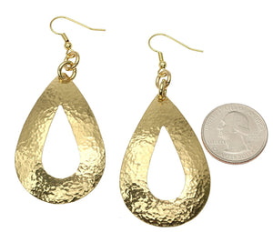 3 of 4: Size of Large Hammered Open Teardrop Nu Gold Brass Earrings compared to a US Quarter Coin