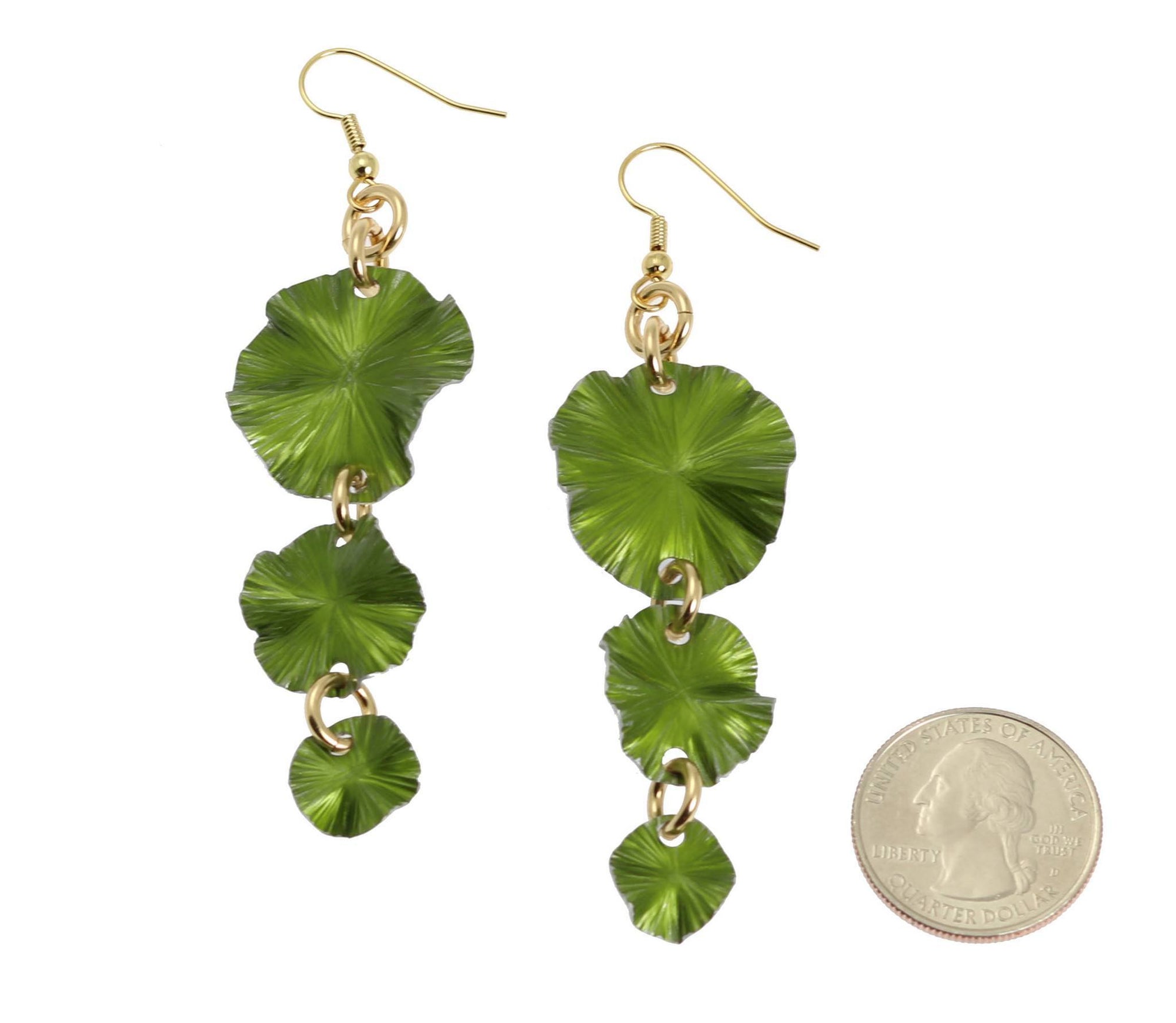 Size of Lime Chandelier Aluminum Lily Pad Earrings compared to a US Quarter Coin