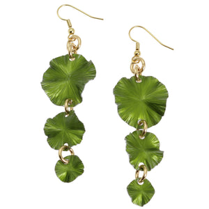 1 of 3: A Pair of Lime Chandelier Aluminum Lily Pad Earrings on a White Background