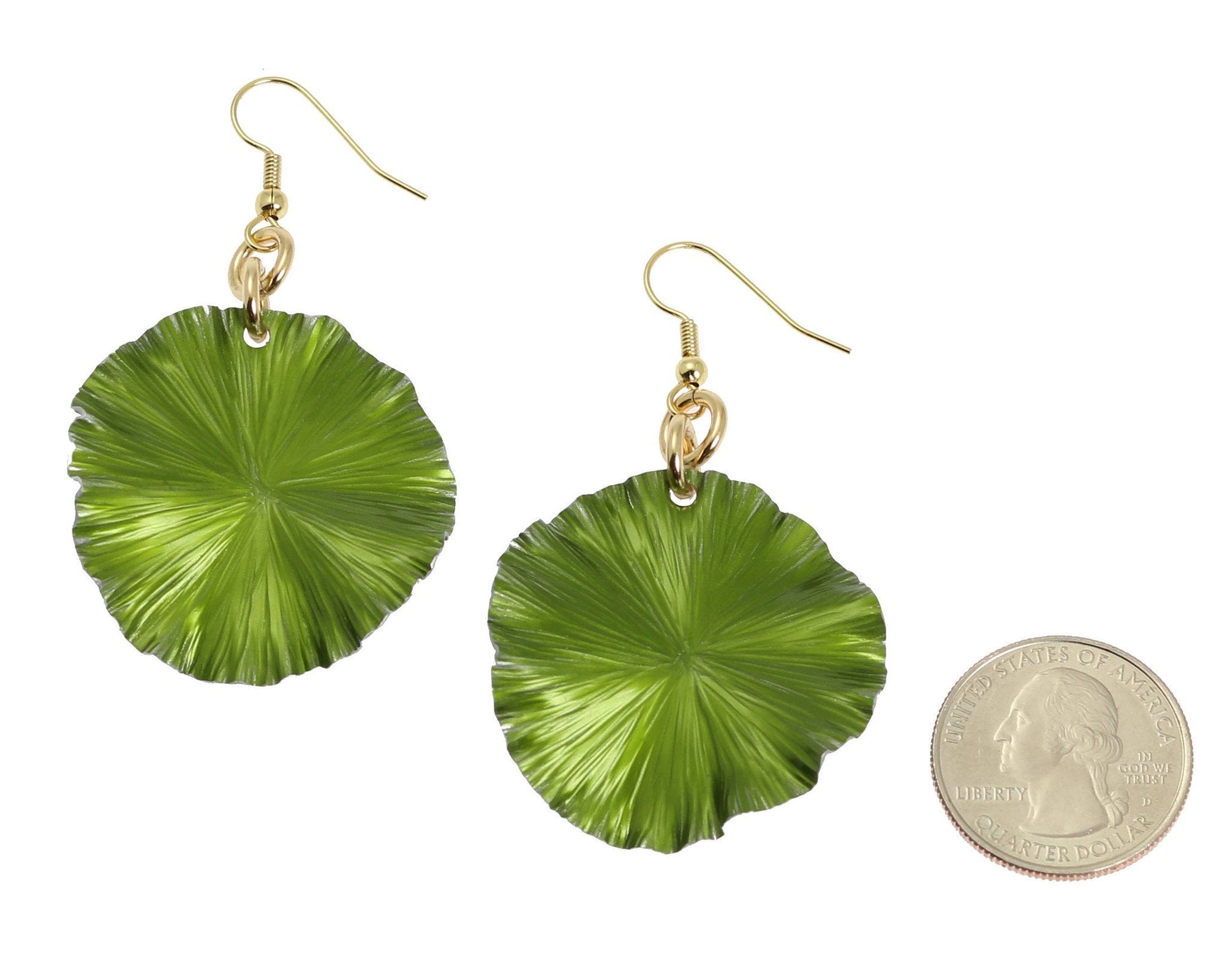 Size of Lime Anodized Aluminum Lily Pad Earrings compared to a US Quarter Coin