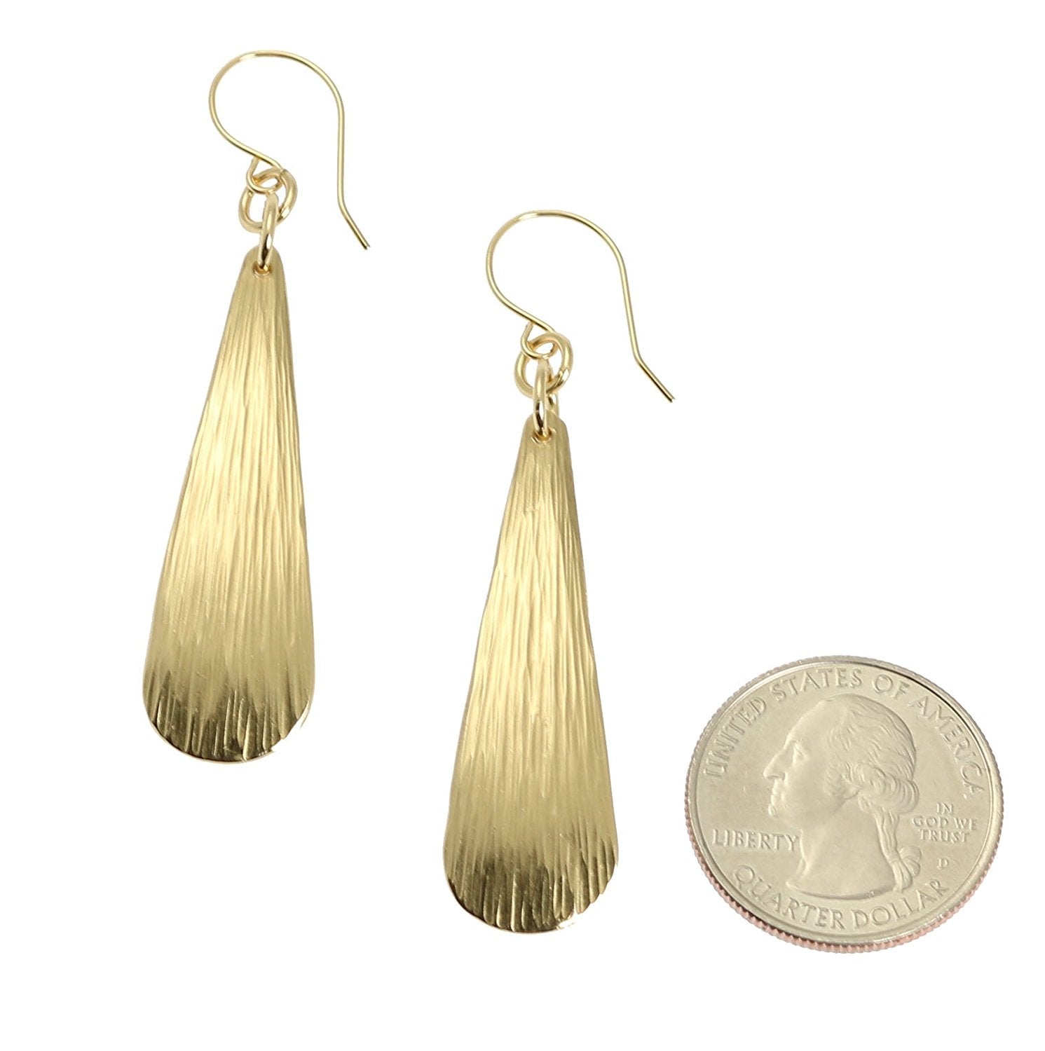Size of Long Chased Nu Gold Brass Teardrop Earrings compared to a US Quarter Coin