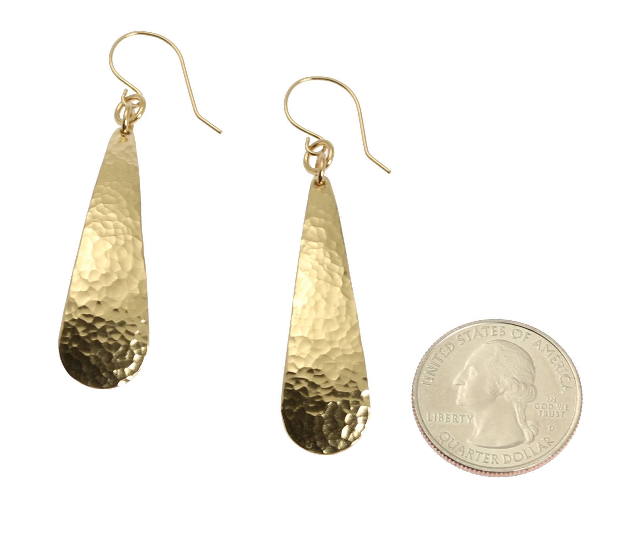 Size of Long Hammered Nu Gold Brass Teardrop Earrings compared to a US Quarter Coin