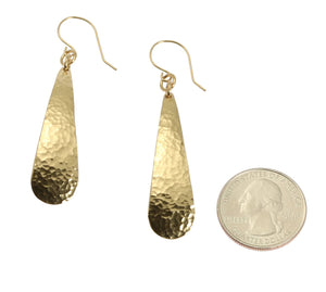 3 of 4: Size of Long Hammered Nu Gold Brass Teardrop Earrings compared to a US Quarter Coin