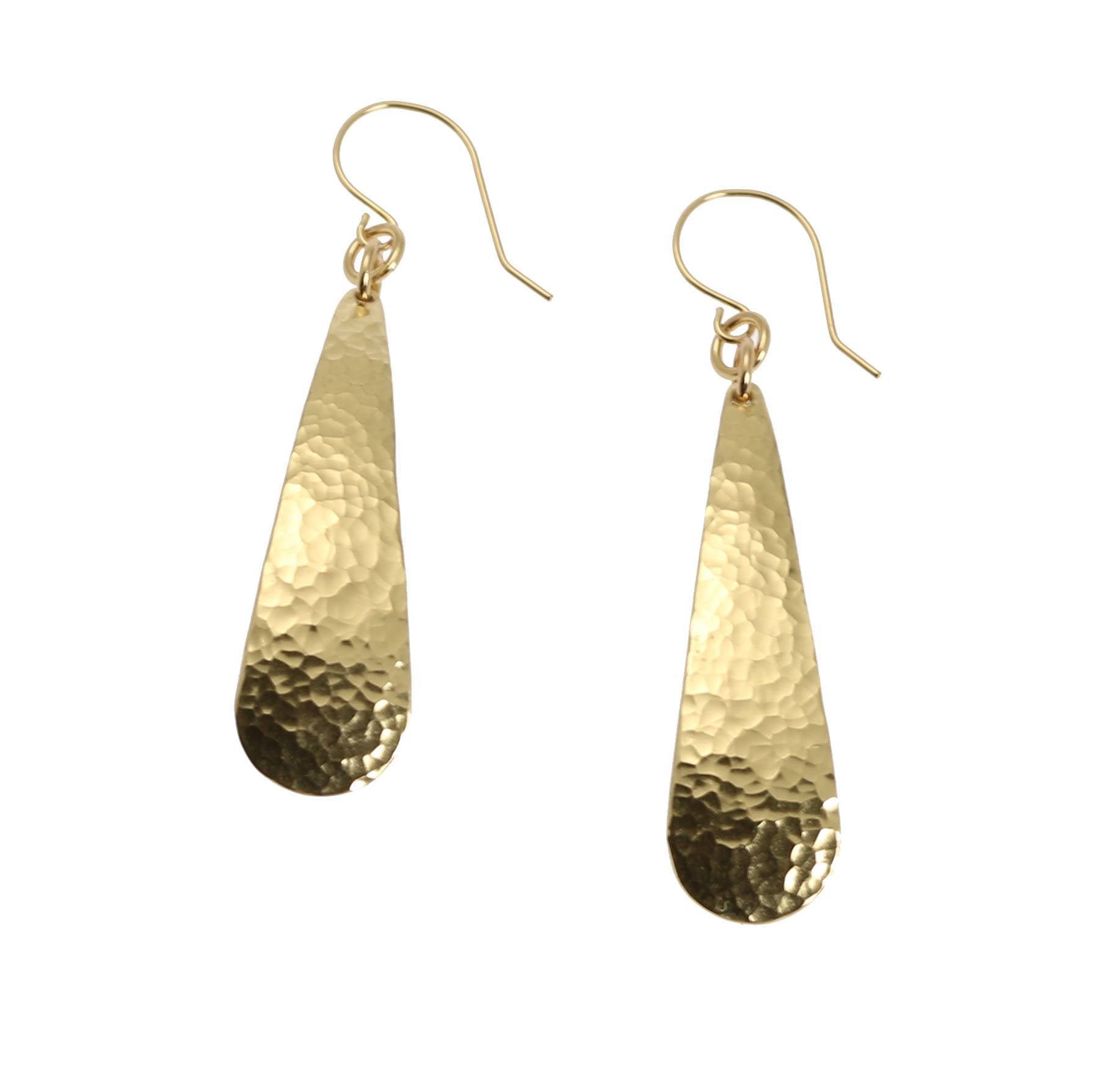 Detail of Long Hammered Nu Gold Brass Tear Drop Earrings