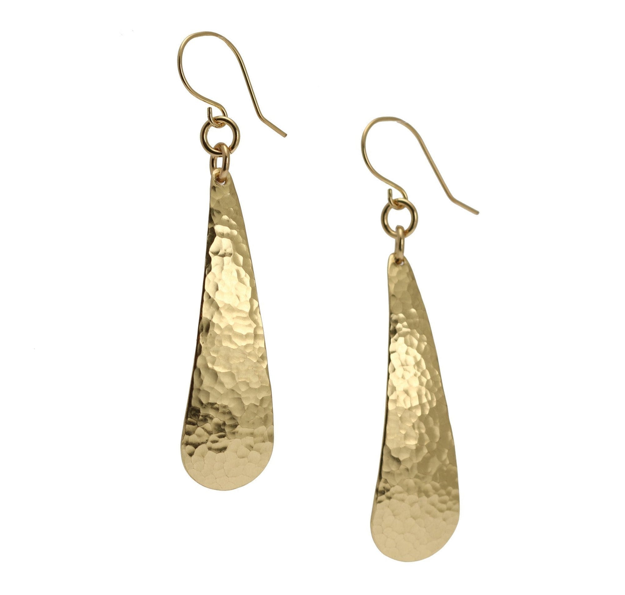 A Pair of Long Hammered Nu Gold Brass Teardrop Earrings on a White Background