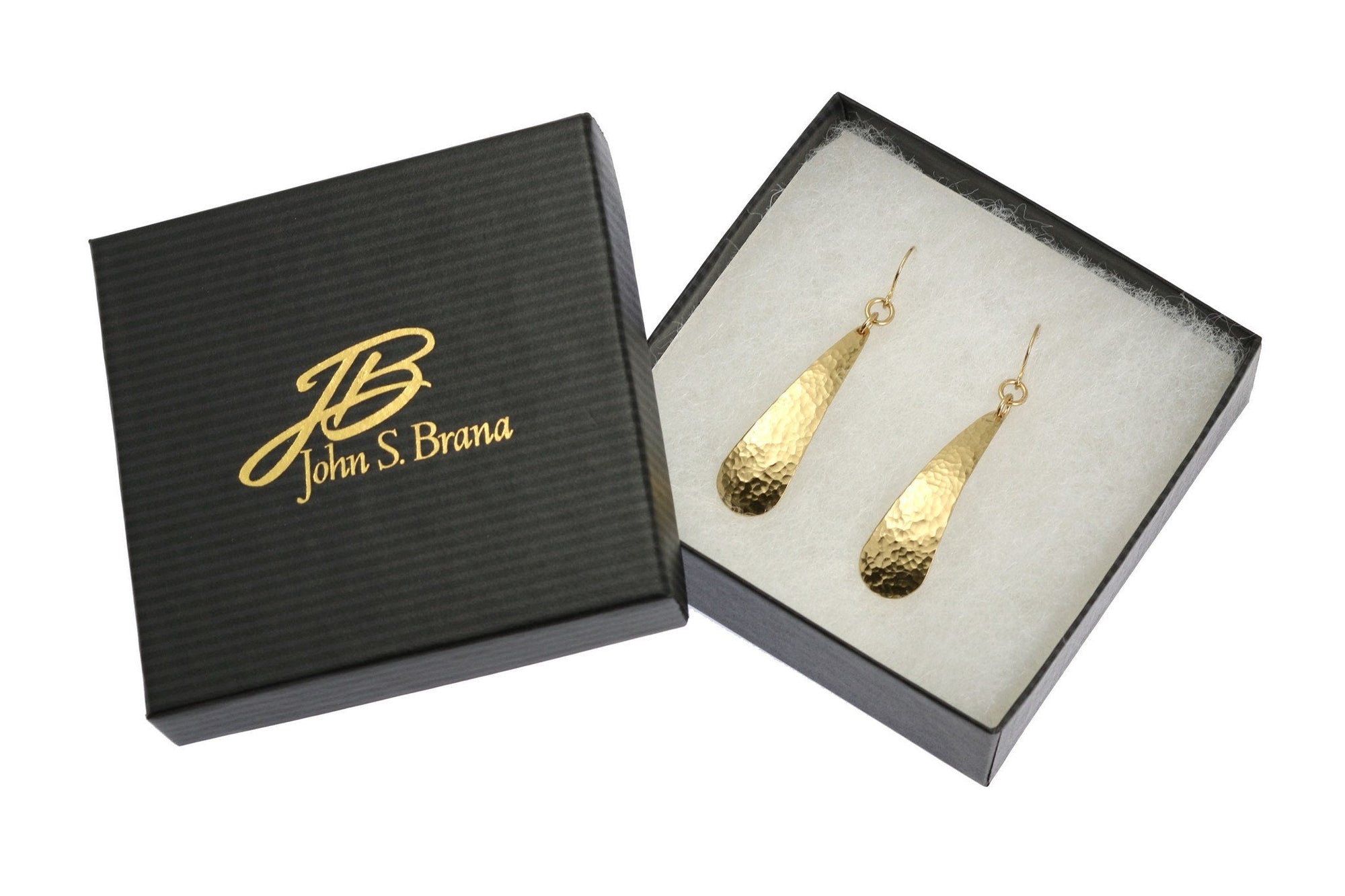 Gift Boxed Long Hammered Nu Gold Brass Tear Drop Earrings