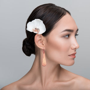 2 of 7: Female Model Wearing Long Teardrop Copper Bark Earrings