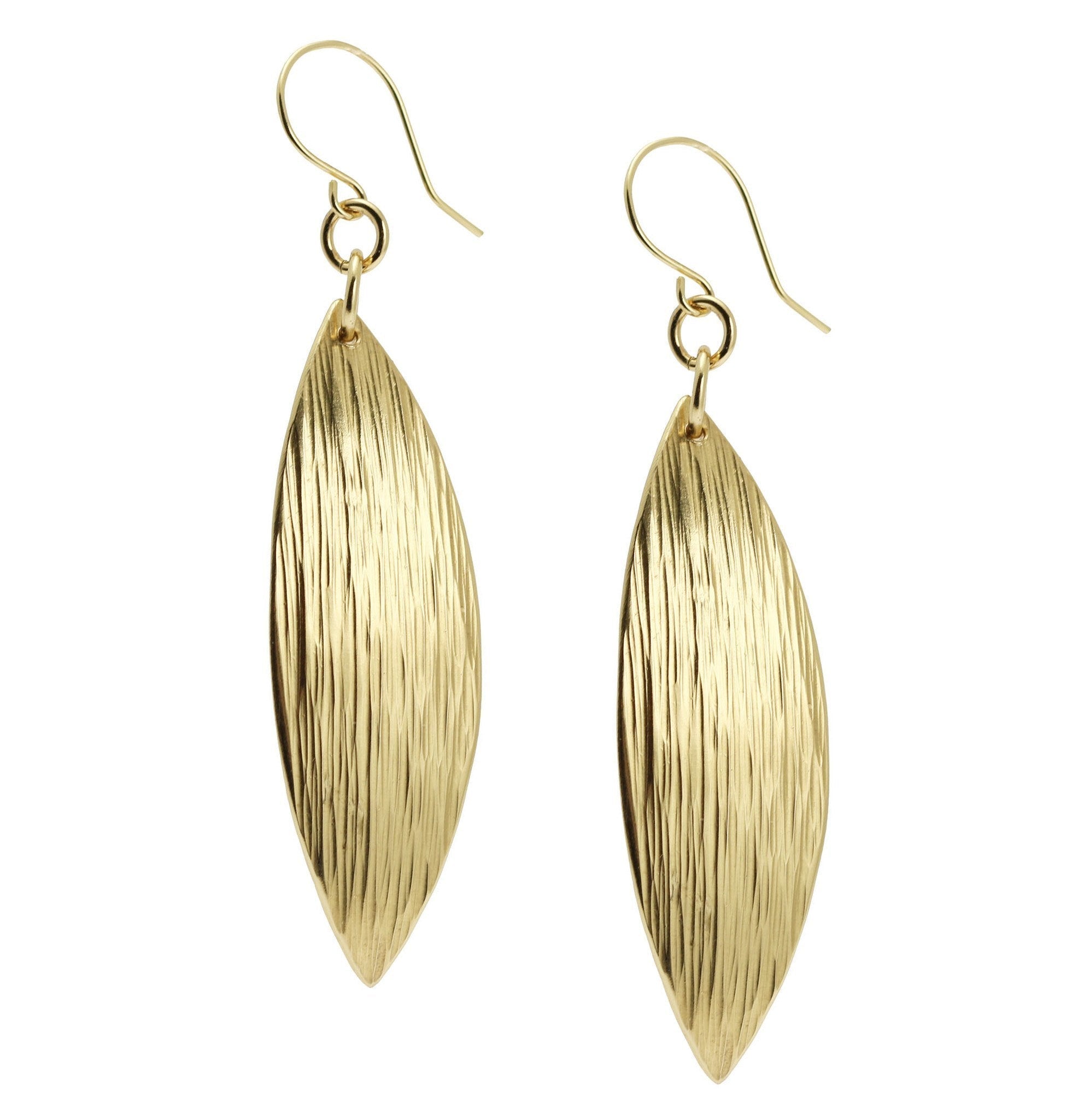 Detail View of Medium Chased Nu Gold Brass Leaf Earrings