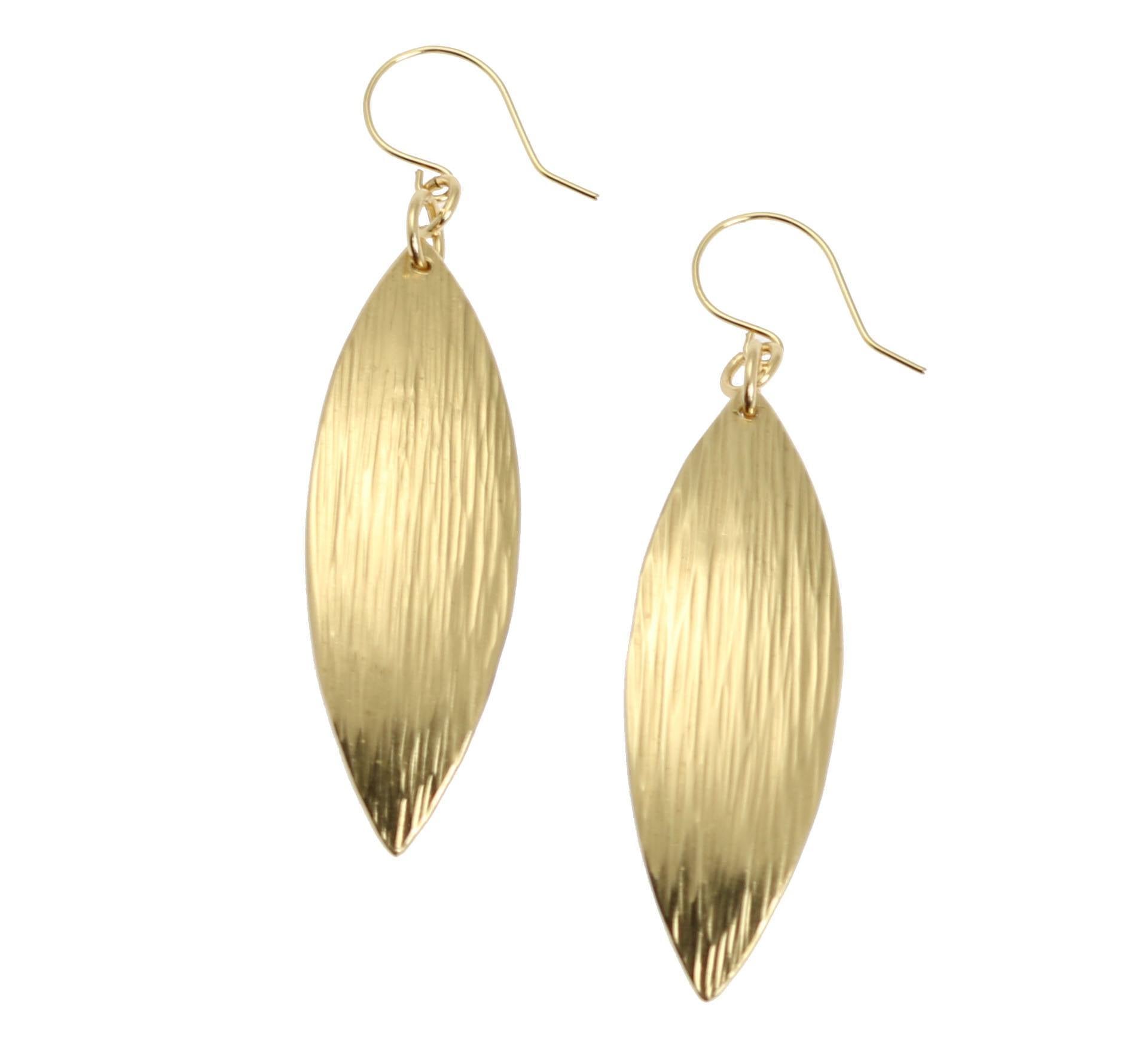 A Pair of Medium Chased Nu Gold Brass Leaf Earrings on a White Background