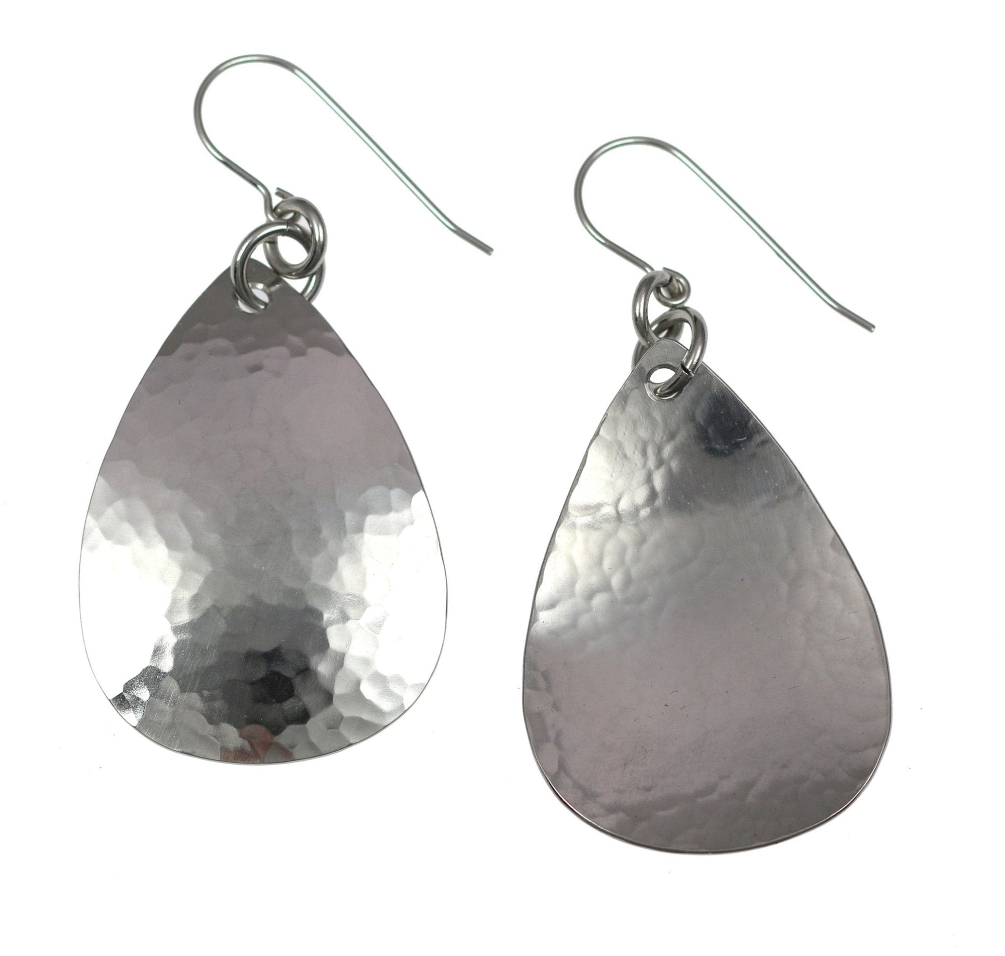 Detail of Medium Hammered Stainless Steel Teardrop Earrings