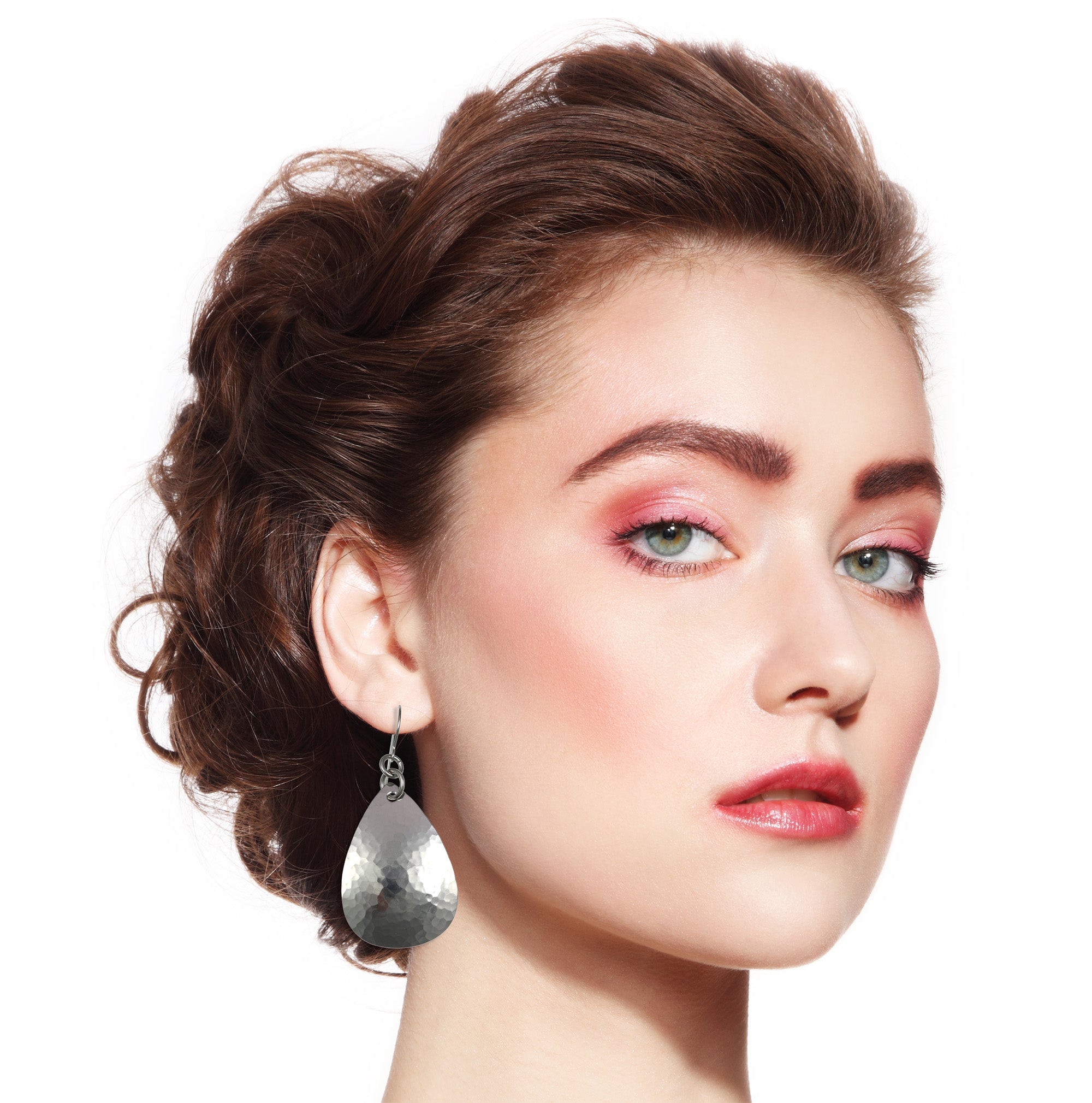 Female Model Wearing Hammered Stainless Steel Drop Earrings