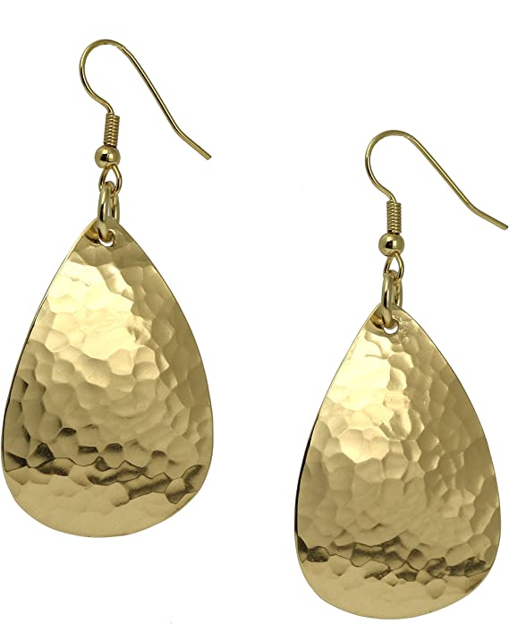 A Pair of Medium Hammered Teardrop Nu Gold Brass Earrings on a White Background