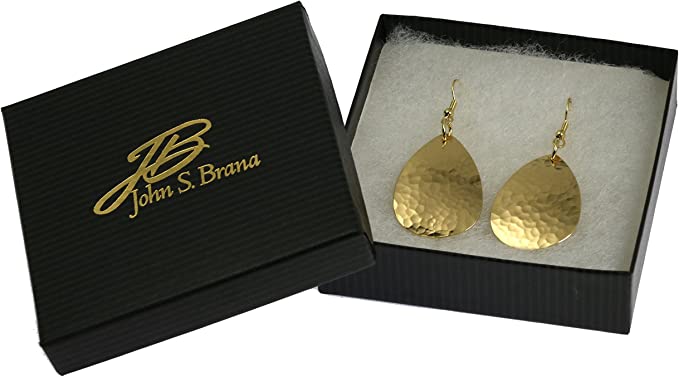 Gift Boxed Medium Hammered Tear Drop Nu Gold Brass Earrings