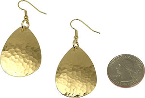 2 of 5: Size of Medium Hammered Teardrop Nu Gold Brass Earrings compared to a US Quarter Coin